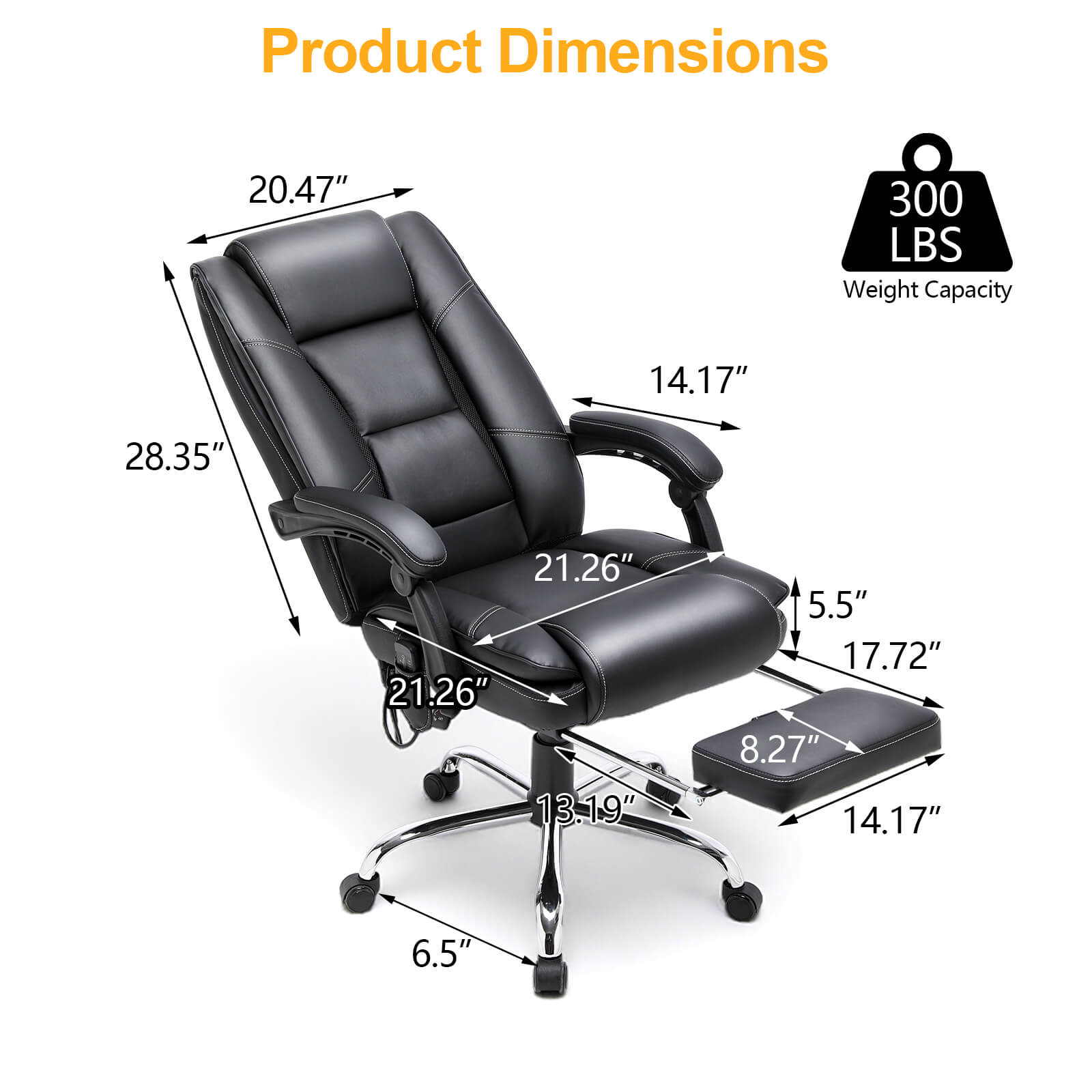 Erommy Ergonomic Office Chair with Heat and Massage, Reclining with Footrest - Black - Perfect for Home Office, Gaming, and Relaxation