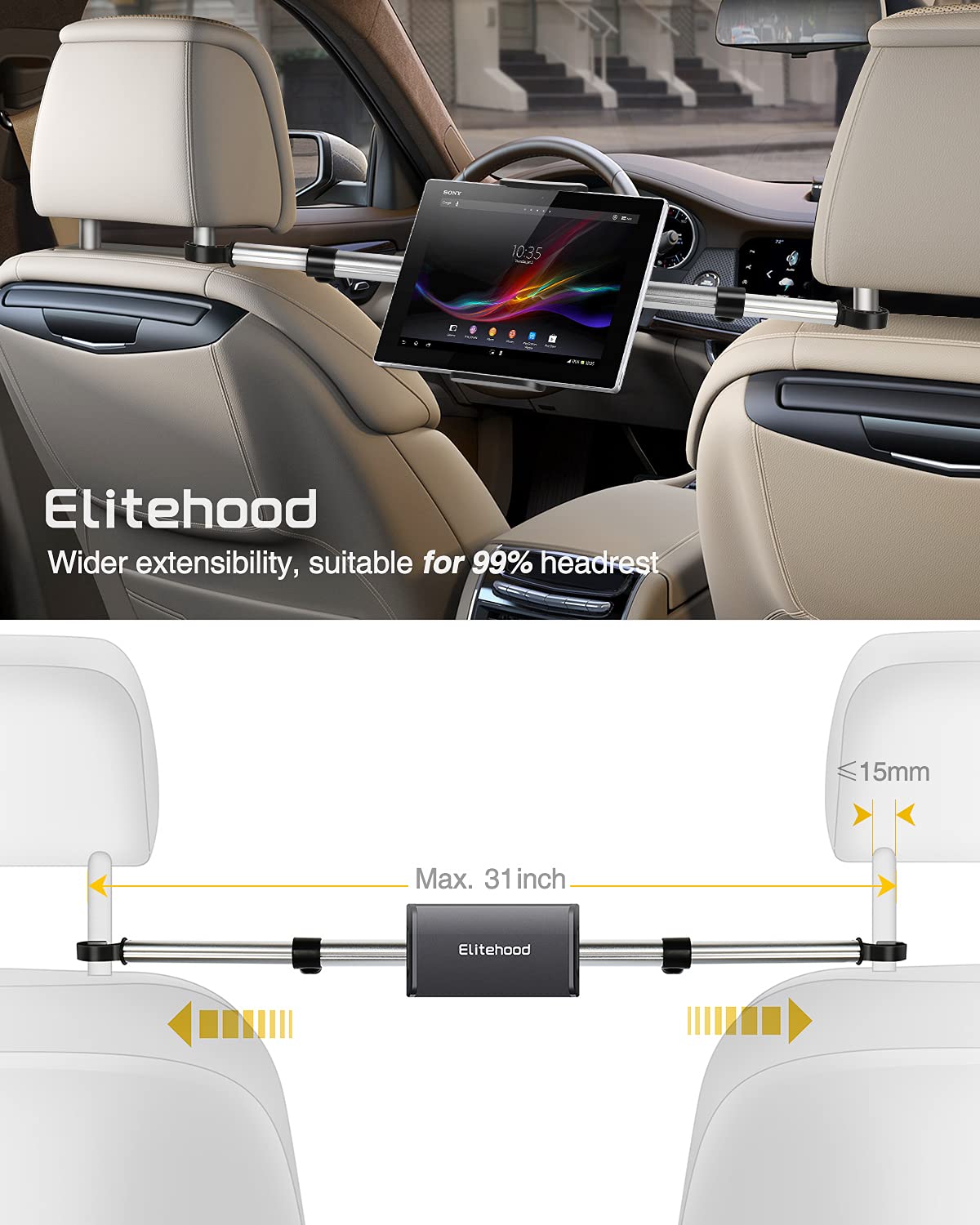 Elitehood Adjustable Aluminum Car iPad Holder - Universal Back Seat Tablet Mount for iPad Mini/Air/Pro 12.9