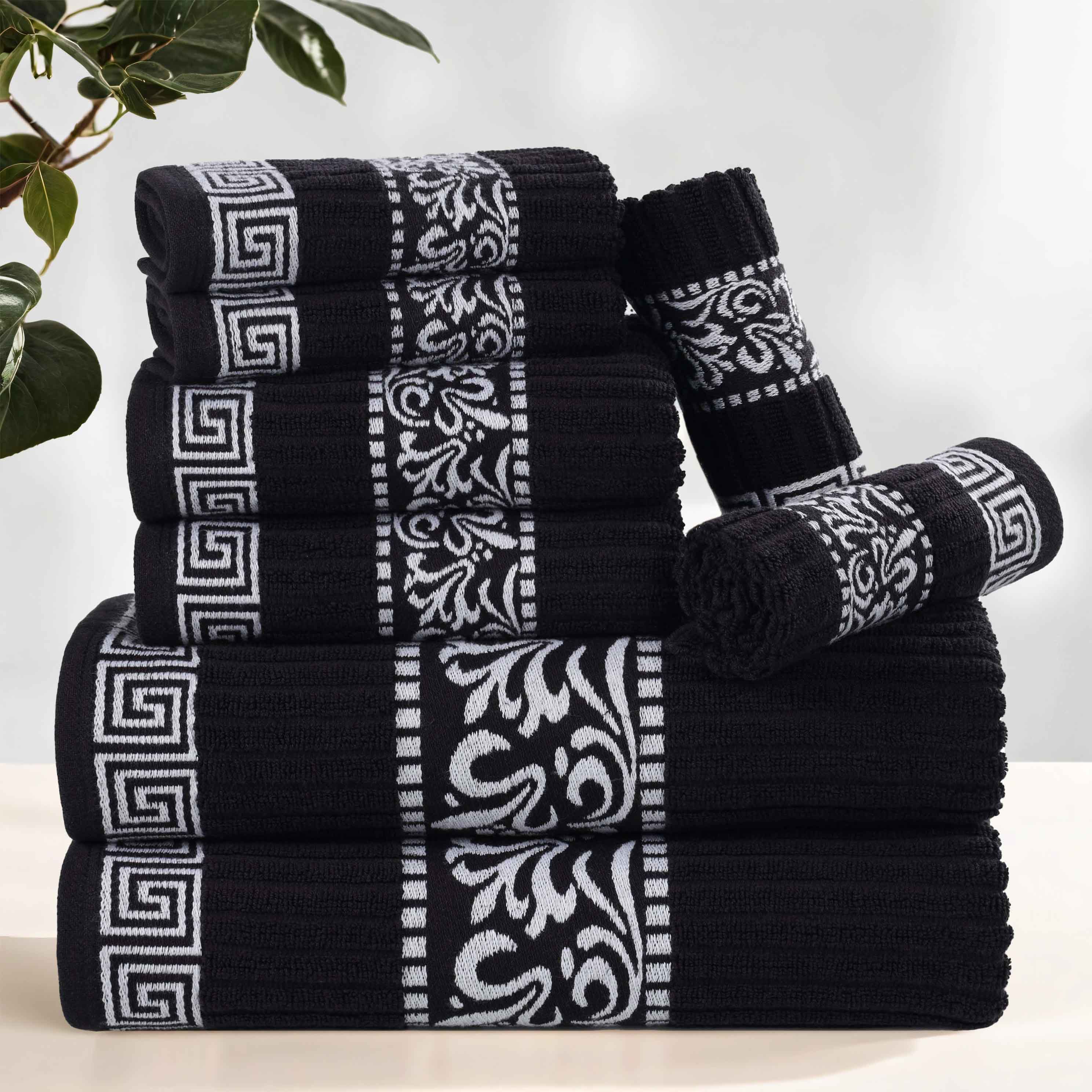 Premium 8-Piece Cotton Towel Set with Greek Scroll & Floral Design - Soft Bath Towels, Hand Towels & Washcloths - Perfect for Bathroom, Spa & Luxury Home Decor