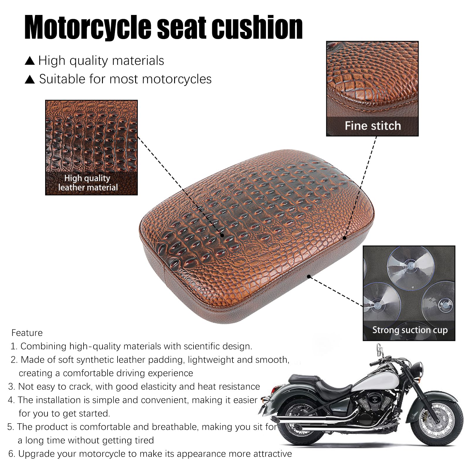 DREAMIZER Universal Motorcycle Passenger Seat Pad - Brown Crocodile Leather Pillion Cushion for Harley, Cruiser, Chopper & Custom Bikes | Comfortable Backrest for Long Rides & Road Trips