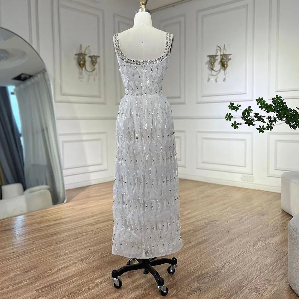 Luxury Crystal Dubai White Evening Dress for Women - Square Neckline Midi Formal Gown for Wedding, Prom, Party | Elegant & Comfortable for Special Occasions