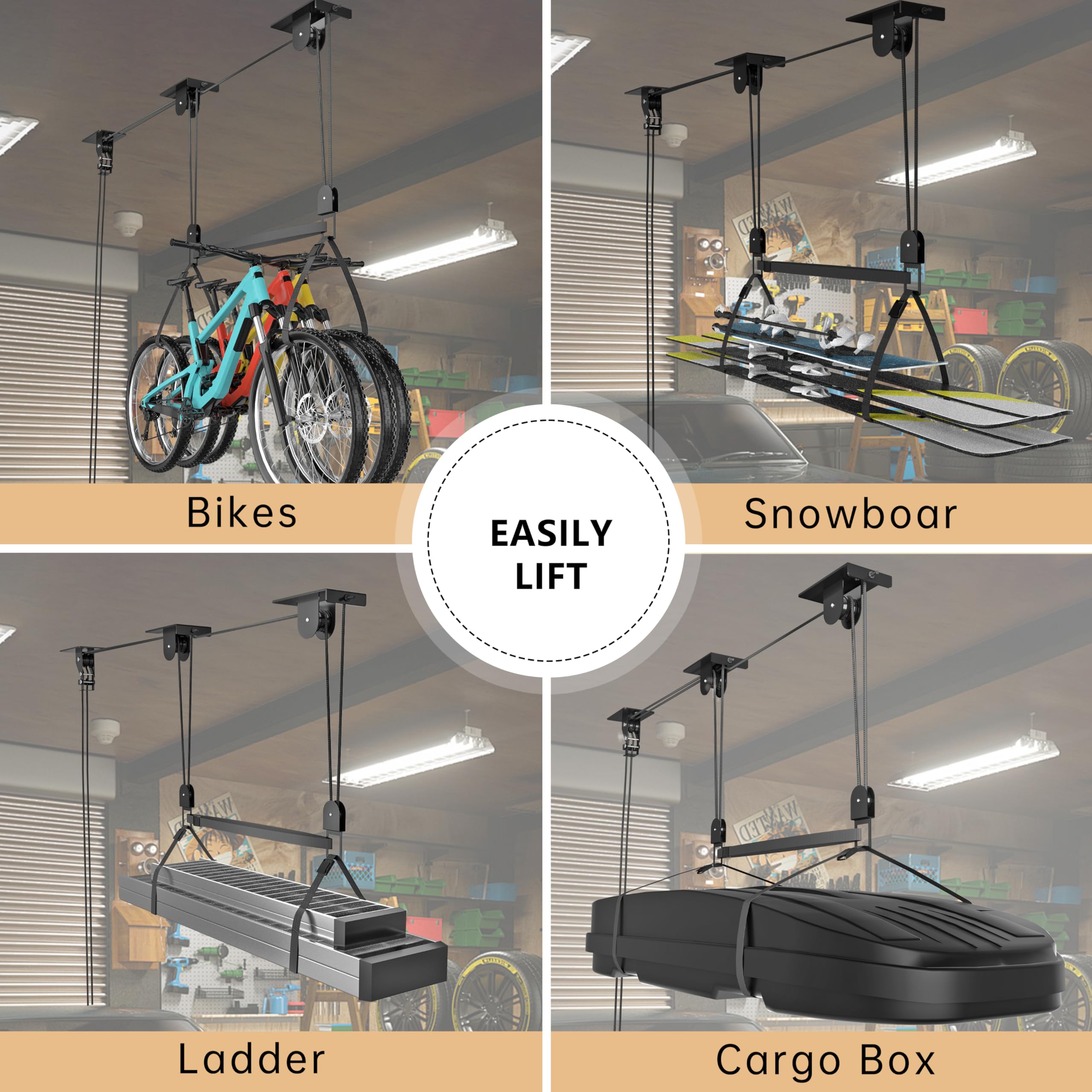 2025 Upgraded Heavy Duty Kayak Hoist System for Garage Ceiling - 200 lbs Capacity Canoe Lift Storage with Pulley - Fits 10-20 Foot Ceilings (Black) - Perfect for Kayak, Canoe & Paddleboard Storage in Garage, Basement or Shed
