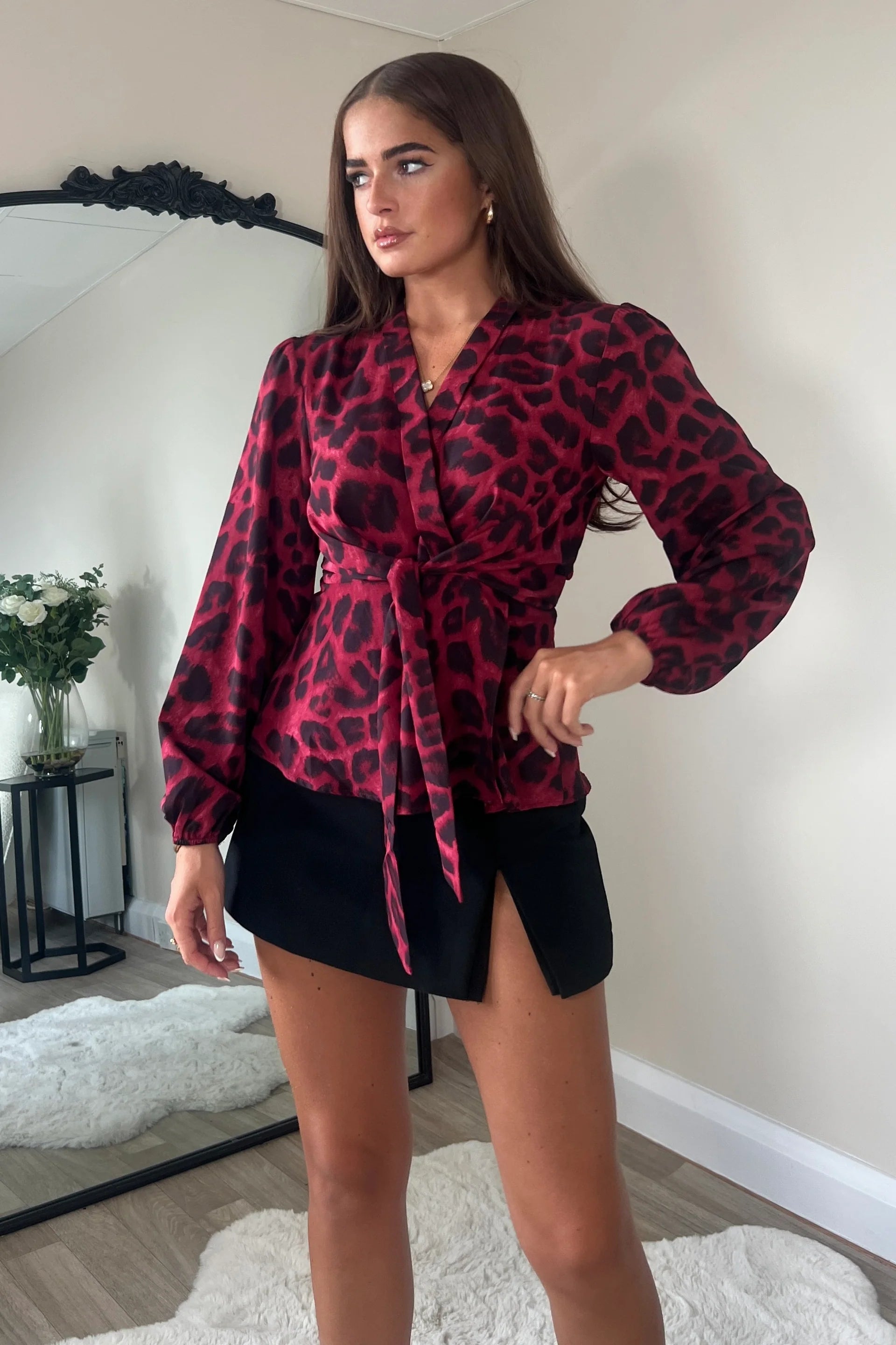 Brook Tie Front Blouse - Elegant Wine Red & Animal Print Women's Top for Casual Wear, Office & Date Night Outfits