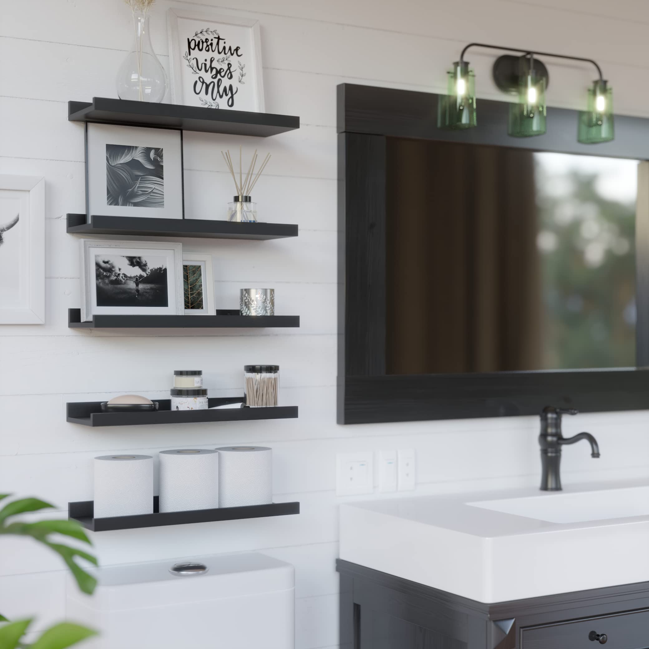 RICHER HOUSE 5-Piece Floating Wall Shelves Set - Black Modern Picture Ledge with Lip for Storage | Wall Decor for Nursery, Bedroom, Living Room & Bathroom - Perfect for Displaying Photos, Books & Decorative Items