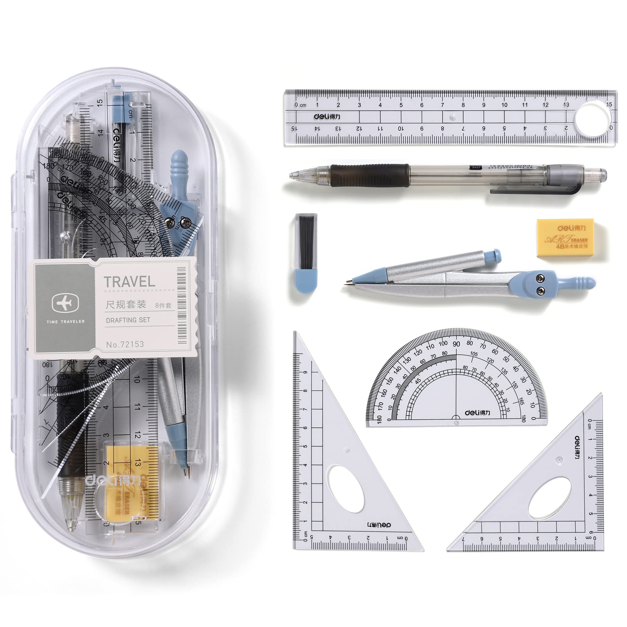 8-Piece Geometry Compass Set for Students & Engineers - Math Drawing Kit with Protractor, Rulers, Pencil & Eraser - Perfect for Classroom, Homework & Technical Drafting