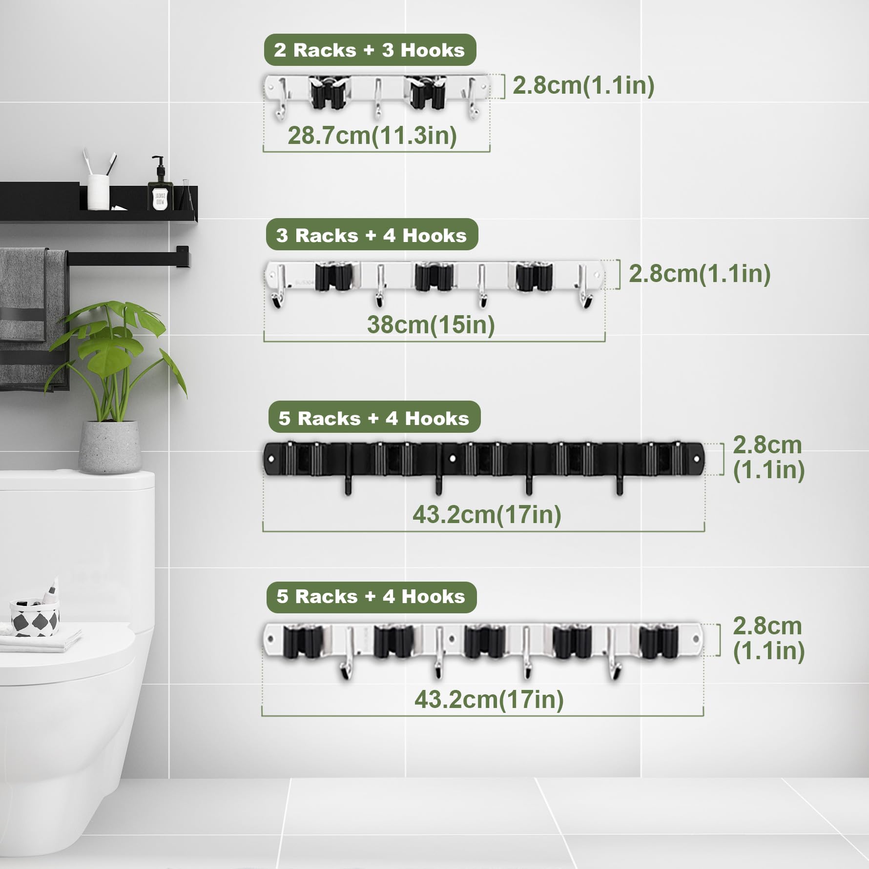 3-Tier Broom and Mop Holder with 4 Heavy Duty Stainless Steel Hooks - Wall Mounted Garage Organizer for Home, Kitchen, Laundry & Garden - Self Adhesive Non-Slip Storage Solution for Cleaning Tools & Supplies