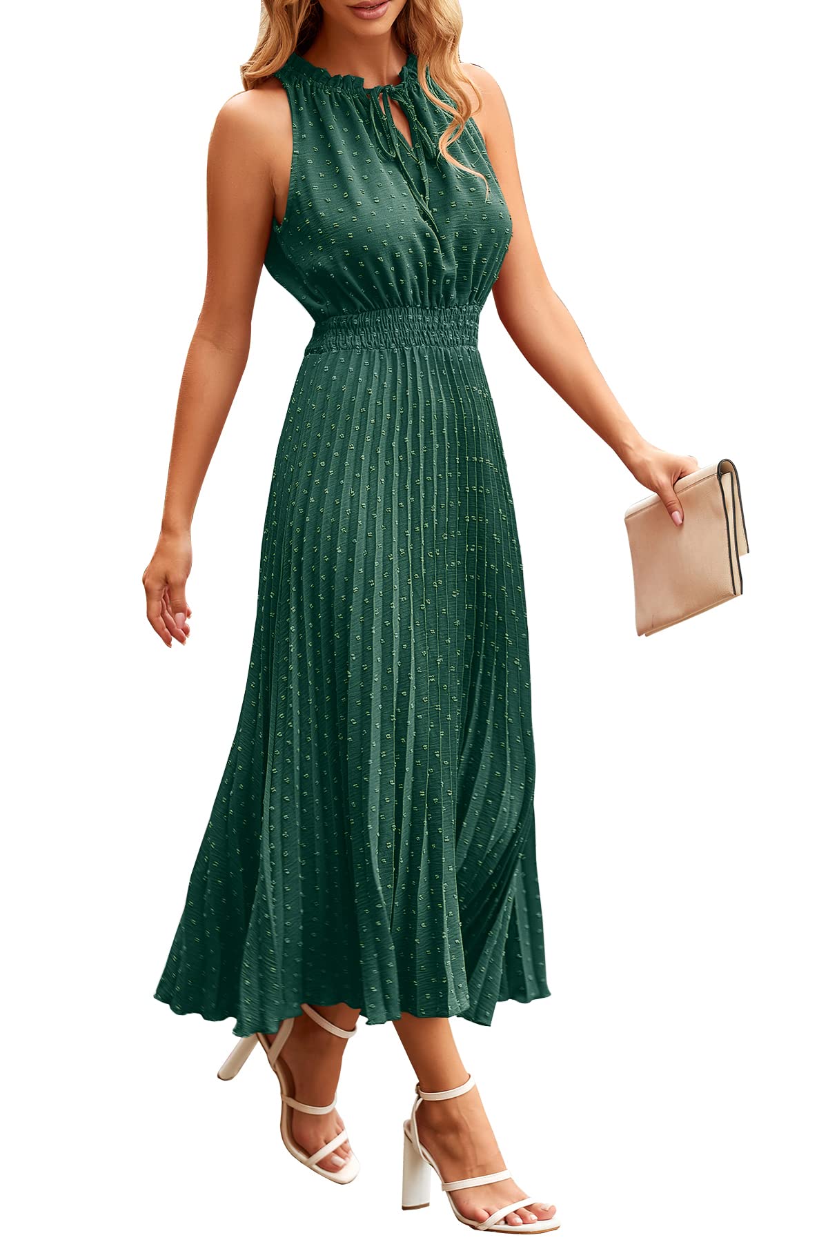PRETTYGARDEN Women's Midi Summer Dress - Casual V-Neck Swiss Dot Ruffle Sleeveless A-Line Beach Sun Dress for Vacation, Pool Party & Outdoor Date