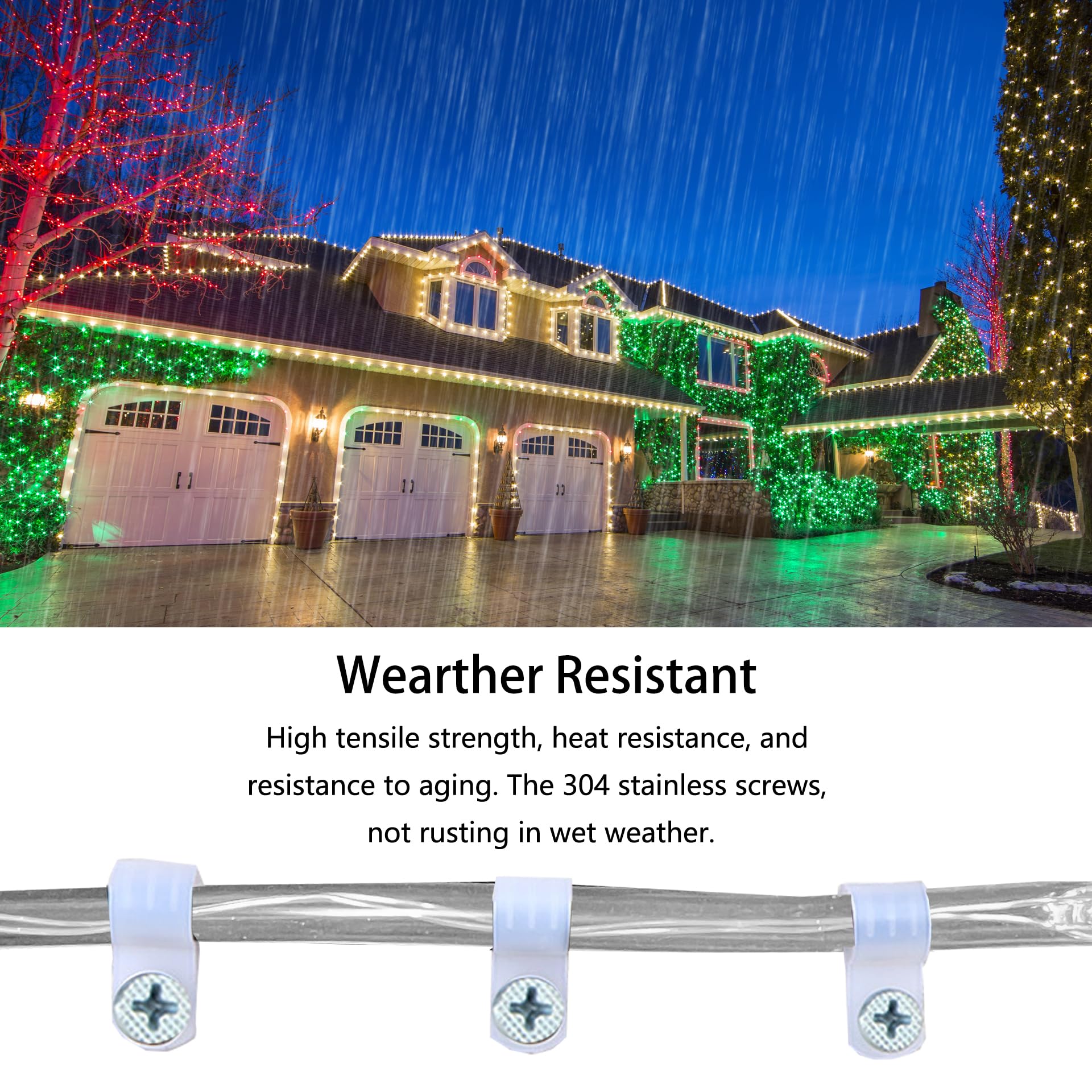 50 Pack 1/5 Inch P-Style Rope Light Clips with Stainless Steel Screws - Outdoor Christmas String Light Mounting Clips for Deck, Patio, Garden & Holiday Decorations