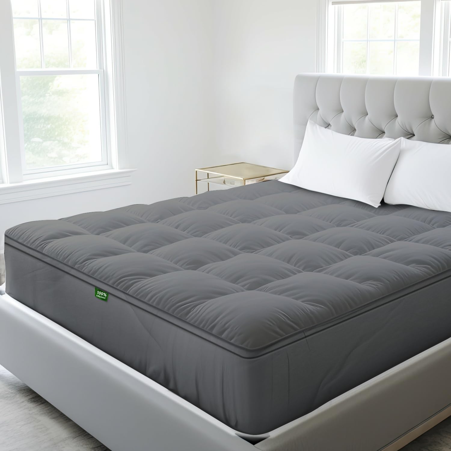 Sleep Mantra 100% Cotton Cooling Mattress Topper Queen Size - Premium Wrap-Around Design Fits 20-Inch Mattress - Ultra Soft Deep Pocket, Breathable Quilted Down Alternative Fill (Gray) - Perfect for Hot Sleepers & Bedroom Comfort Upgrade