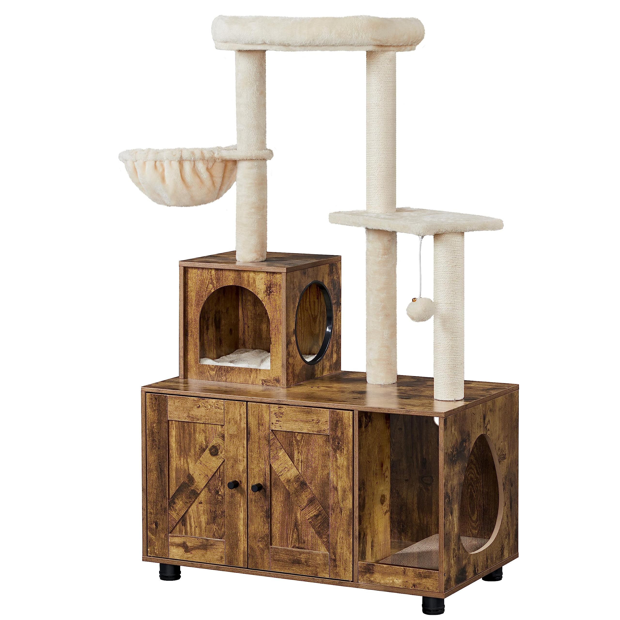Yaheetech Wooden Cat Litter Box Enclosure with Cat Tree - All-in-One Indoor Kitten House with Scratching Posts, Condo & Platform - Rustic Brown/Beige - Perfect for Small Spaces, Apartments & Multi-Cat Homes