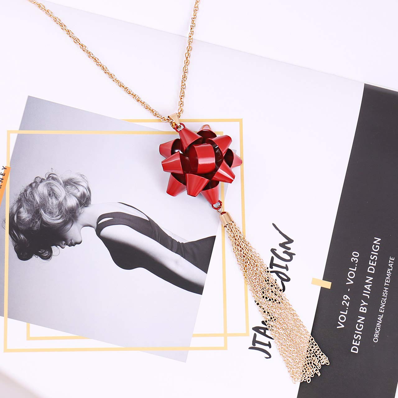 Christmas Gifts for Women - Elegant Xmas Bow Pendant Necklace with Tassel Chain, Long Layering Necklaces for Holiday Parties & Festive Occasions