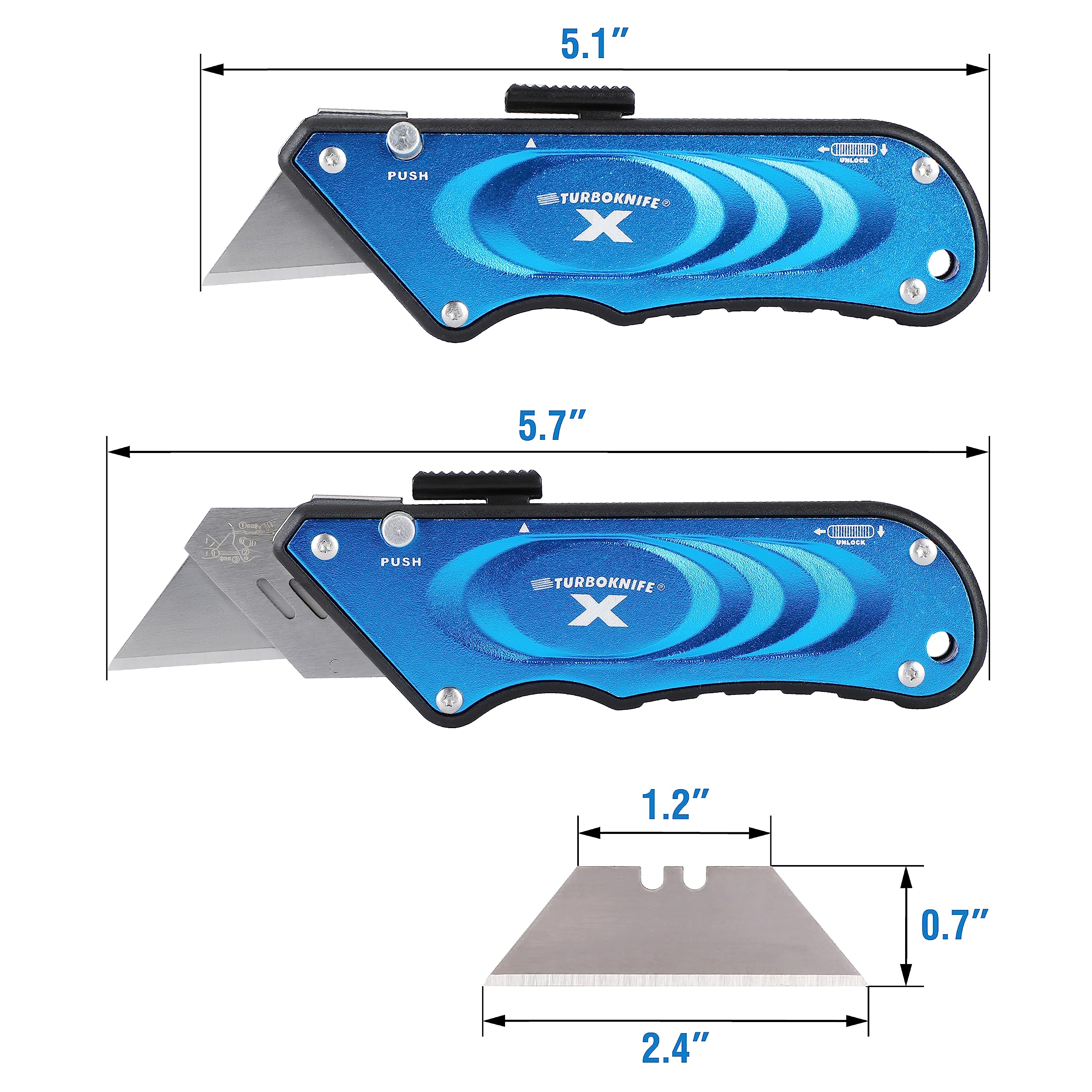 Olympia Tools Turboknife X Utility Knife 33-134 - Heavy Duty Retractable Blade Cutter with Comfort Grip (Blue) - Perfect for Construction, Packaging, and DIY Projects