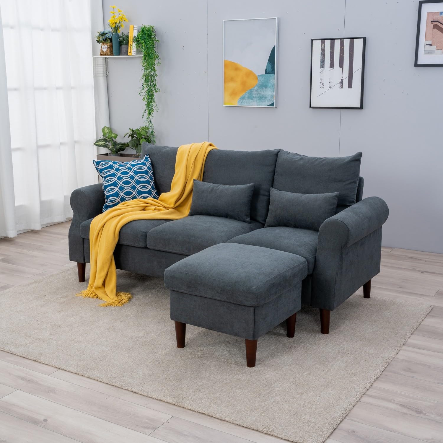 Modern L-Shaped Convertible Sectional Sofa - 3-Seat Fabric Couch for Small Spaces, Grey Scroll Arm Design - Perfect for Apartments, Living Rooms & Home Offices