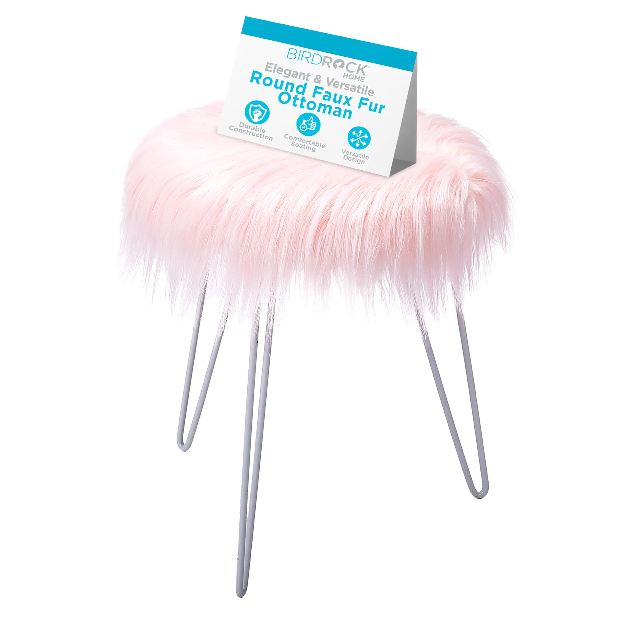 BIRDROCK HOME Round Faux Fur Foot Stool Ottoman with White Hairpin Legs - Soft Padded Vanity Seat Makeup Chair for Bedroom, Living Room & Kids Room - Cozy Pink Accent Furniture for Home Decor, Reading Nook & Dressing Area
