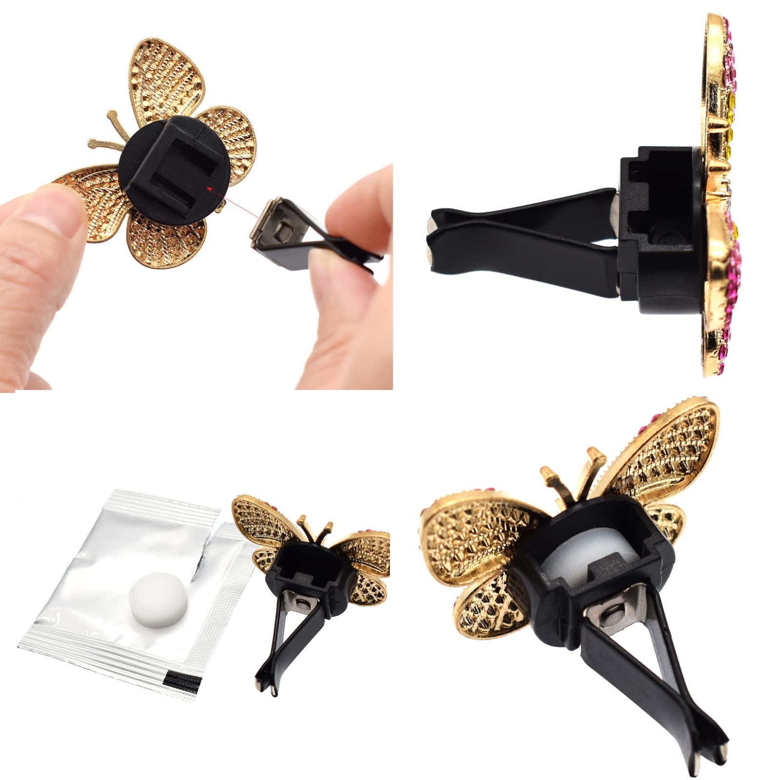 4PCS Bling Butterfly Car Air Vent Clips - Pink Butterfly & 3 Flower Decorations, Aromatherapy Air Freshener for Women - Perfect for Car Dashboard Decor & Home Fragrance