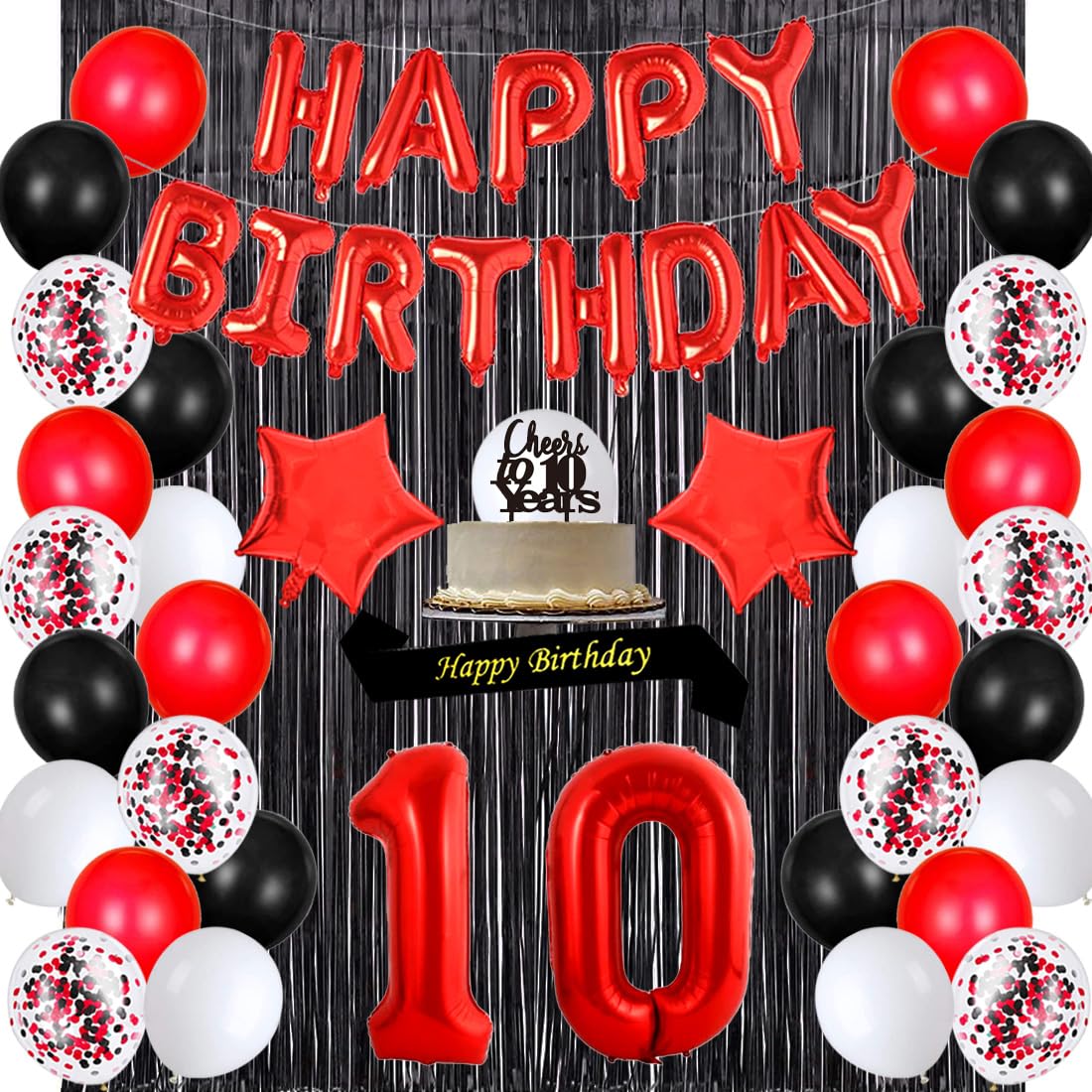 10th Birthday Party Decorations Kit - Red Happy Birthday Banner, Sash, Cake Topper, Number 10 Confetti, Latex Balloons & Tinsel Fringe Curtains for Girls' 10 Year Old Celebration | Perfect for Milestone Birthday Parties, Photo Backdrops & Special Occasions
