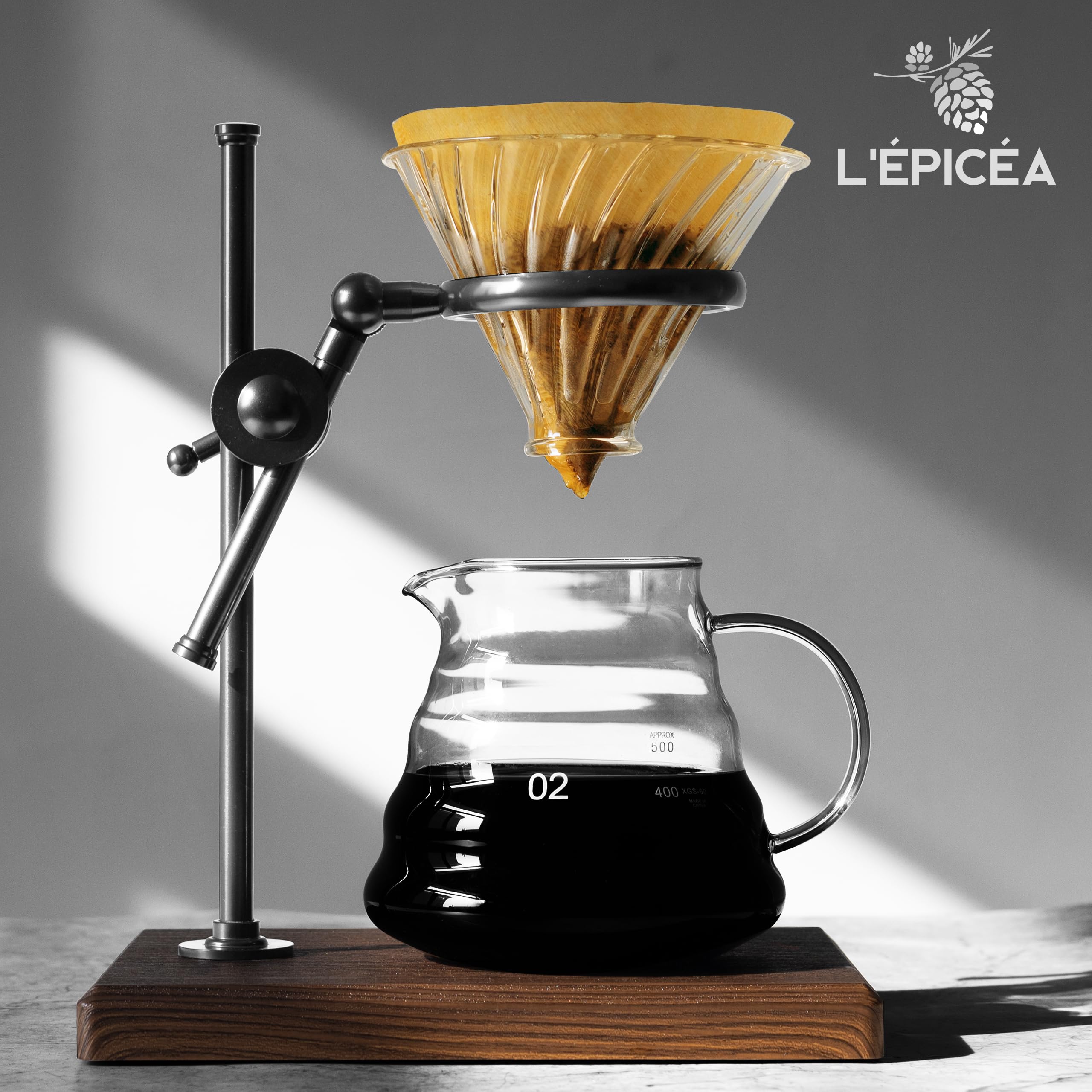 Premium Pour Over Coffee Maker Set - Stainless Steel Adjustable Stand with Wooden Base, Glass Carafe & Paper Filters - Ideal for Home Brewing, Office Use & Specialty Coffee Lovers (Black)