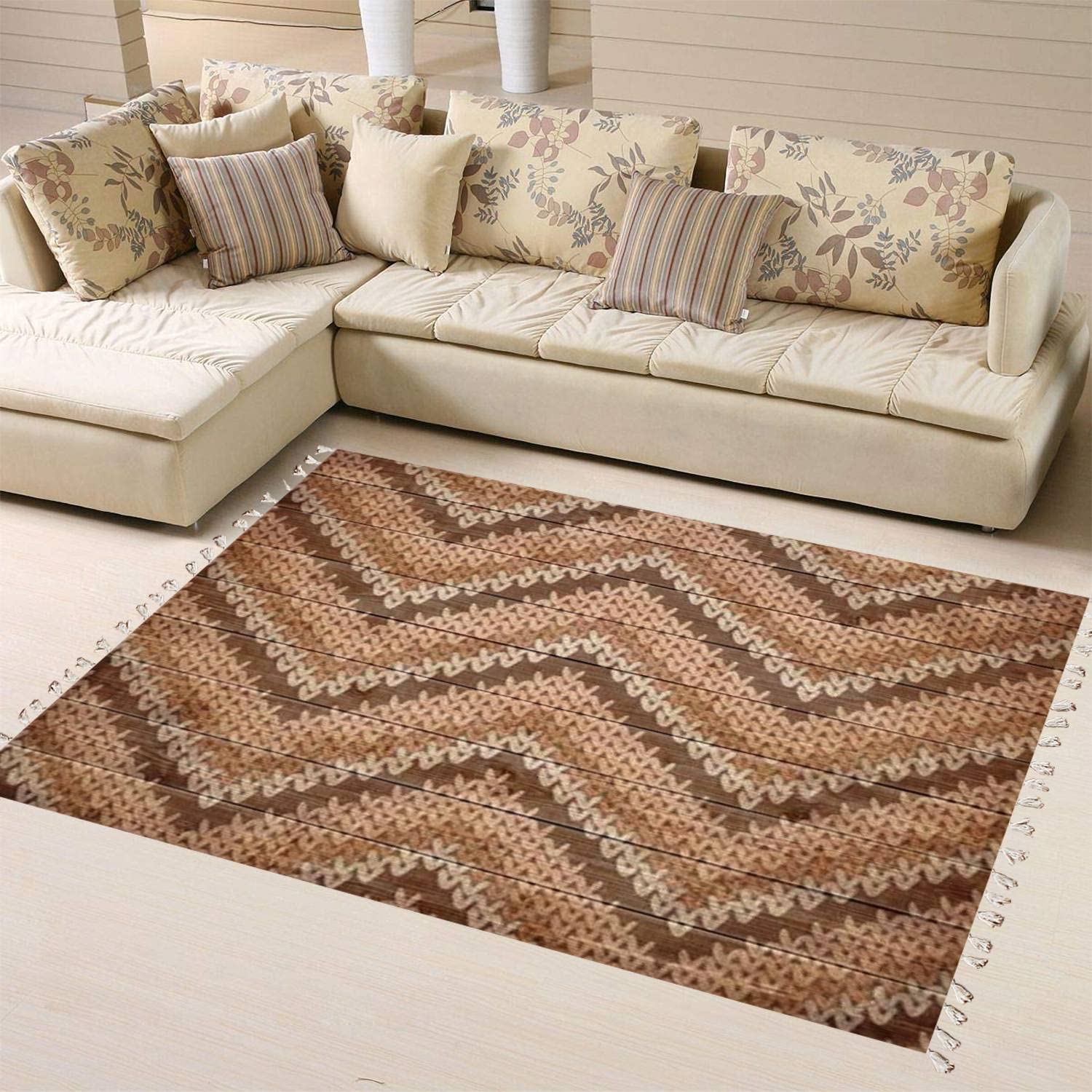 Boho Rug with Stylish Zigzag Stripes - Knitted Geometric Texture Area Rug for Living Room, Bedroom, Outdoor - Perfect for Patio, Hallway Runner & Minimalist Home Decor