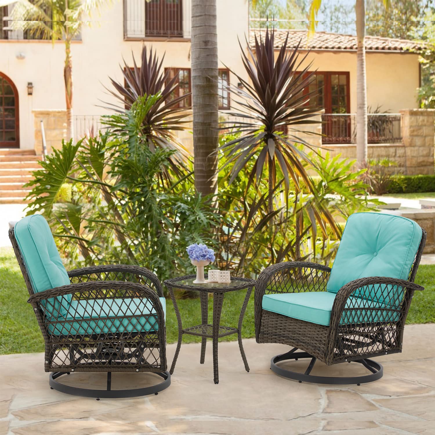 EROMMY 3-Piece Outdoor Swivel Rocking Chair Set with 360° Rotation, Thickened Cushions & Glass Coffee Table - Patio Conversation Furniture for Backyard, Garden or Poolside (Blue)