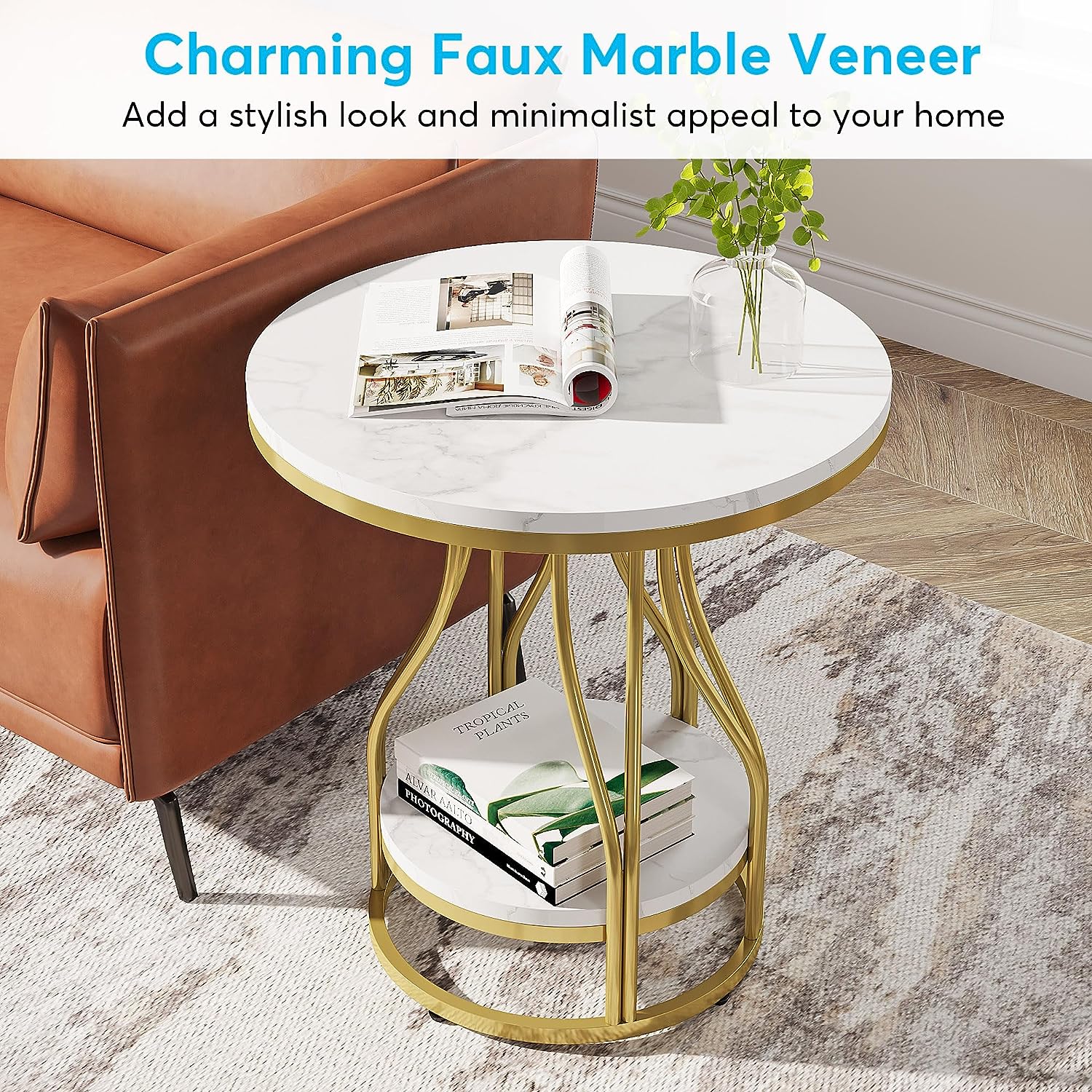 2 Tier Round End Table with Metal Frame - Stylish Sofa Side Table for Living Room, Bedroom, or Office - Perfect for Holding Lamps, Books, and Decor