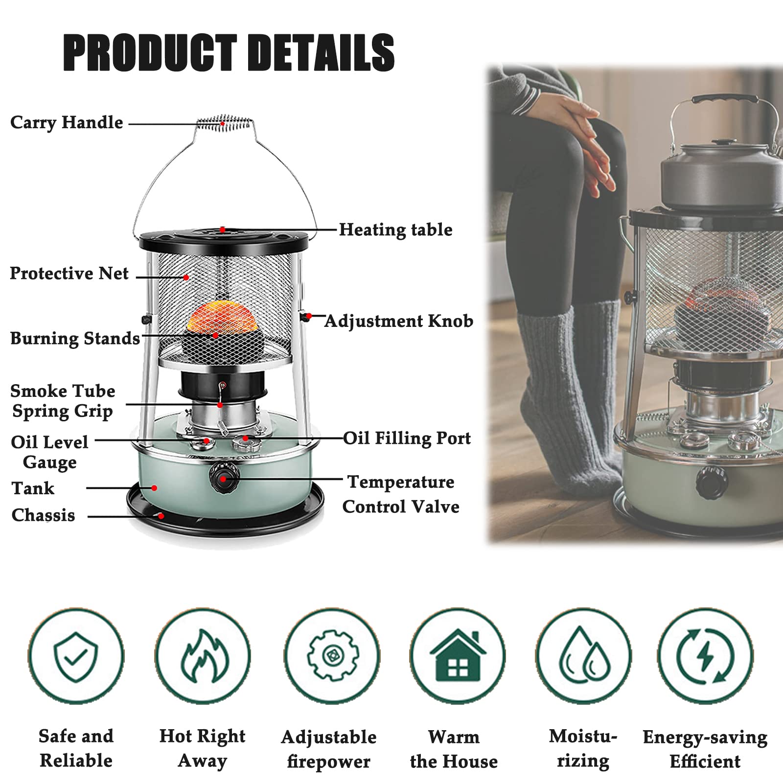 10,000 BTU Portable Kerosene Heater with Grill Pan - Indoor/Outdoor Non-Electric Heater for Camping, Cooking & Heating | Liftable Design for Easy Use in Tents, Garages & Patios