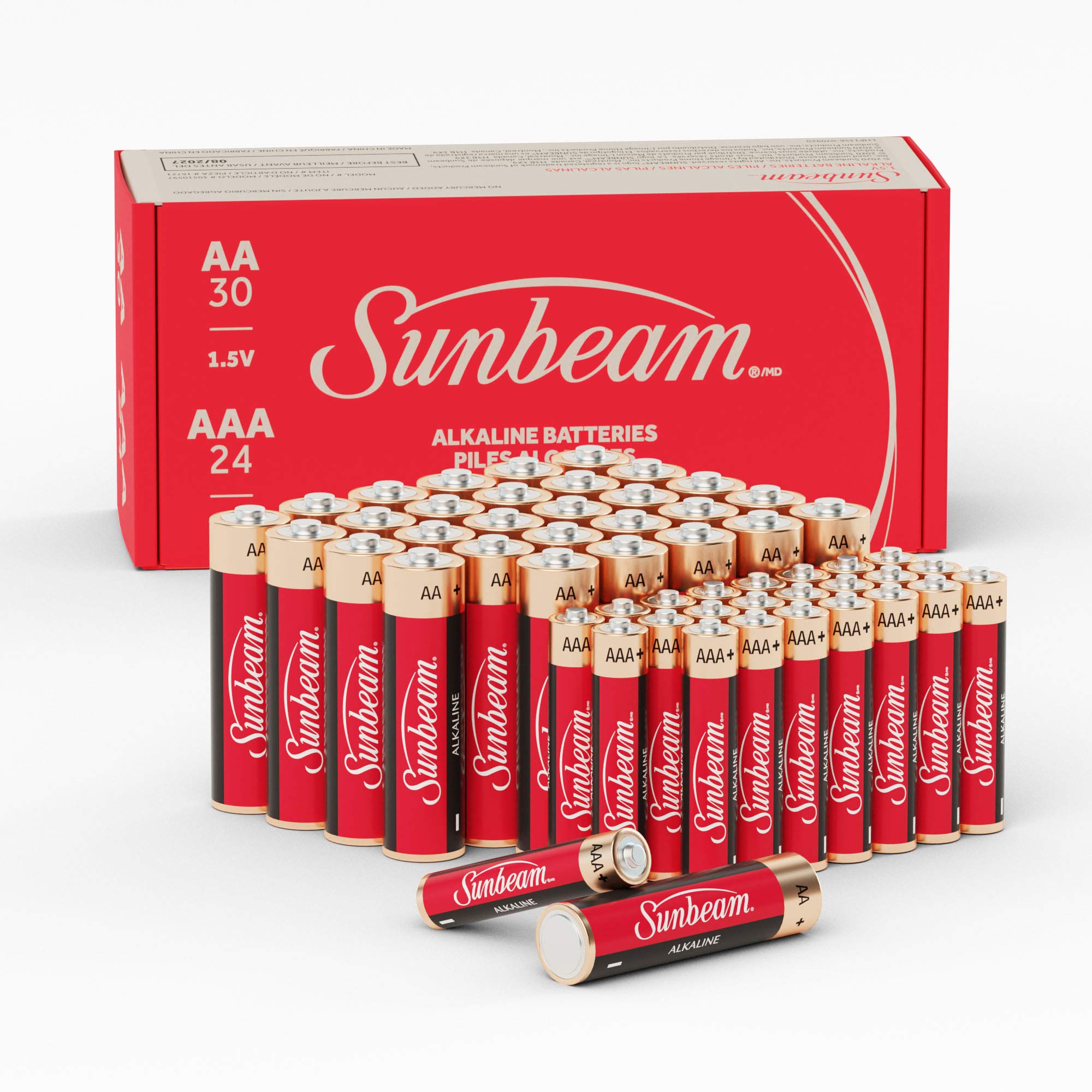 Sunbeam 16730 30 AA & 24 AAA Alkaline Batteries Combo Pack - Long-Lasting High-Performance Batteries for Toys, Flashlights, Remote Controls & Electronics - Easy Open Value Bulk Pack