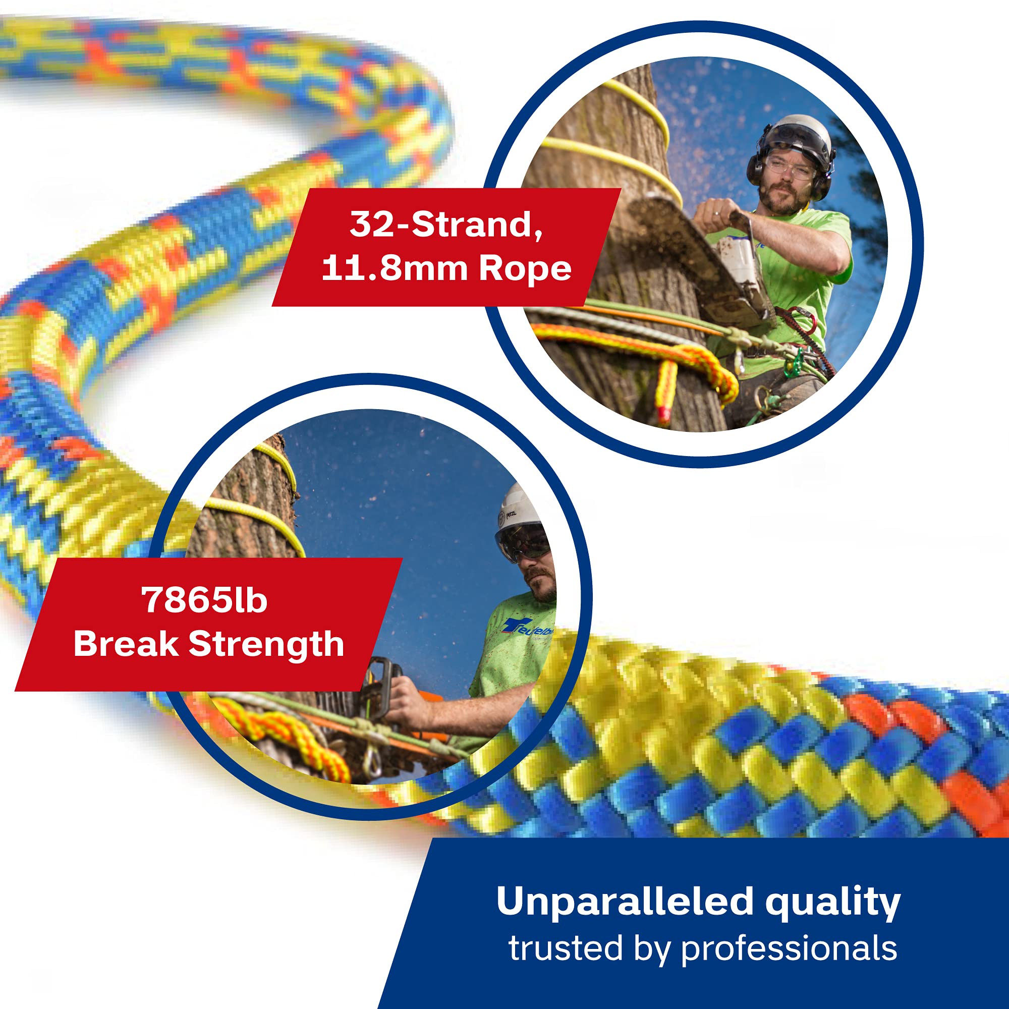 **Teufelberger drenaLINE 11.8mm x 200ft Climbing Rope – 32-Strand Polyester Arborist Rope (Blue, Orange, Yellow) – Ideal for Tree Climbing, Rigging & Professional Arborist Work**