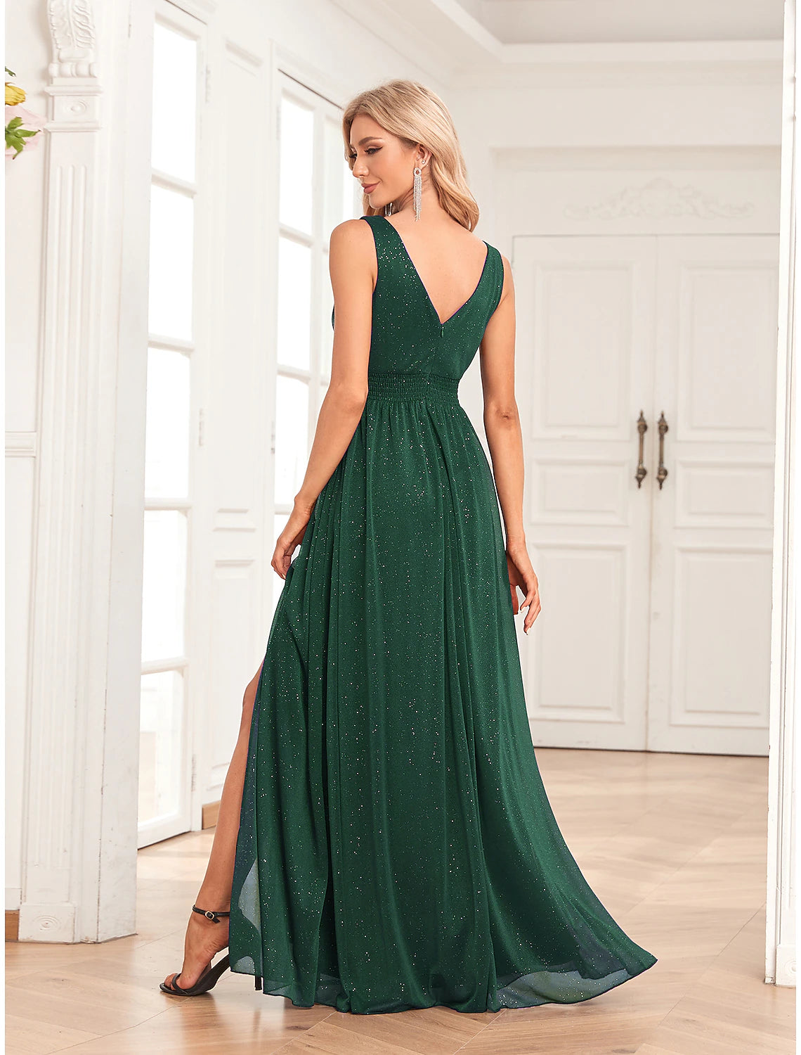 Elegant A-Line Empire Waist Evening Gown - Floor Length Sleeveless V-Neck Glitter Dress with Back Slit | Perfect for Prom, Gala, Wedding Guest & Formal Party Wear