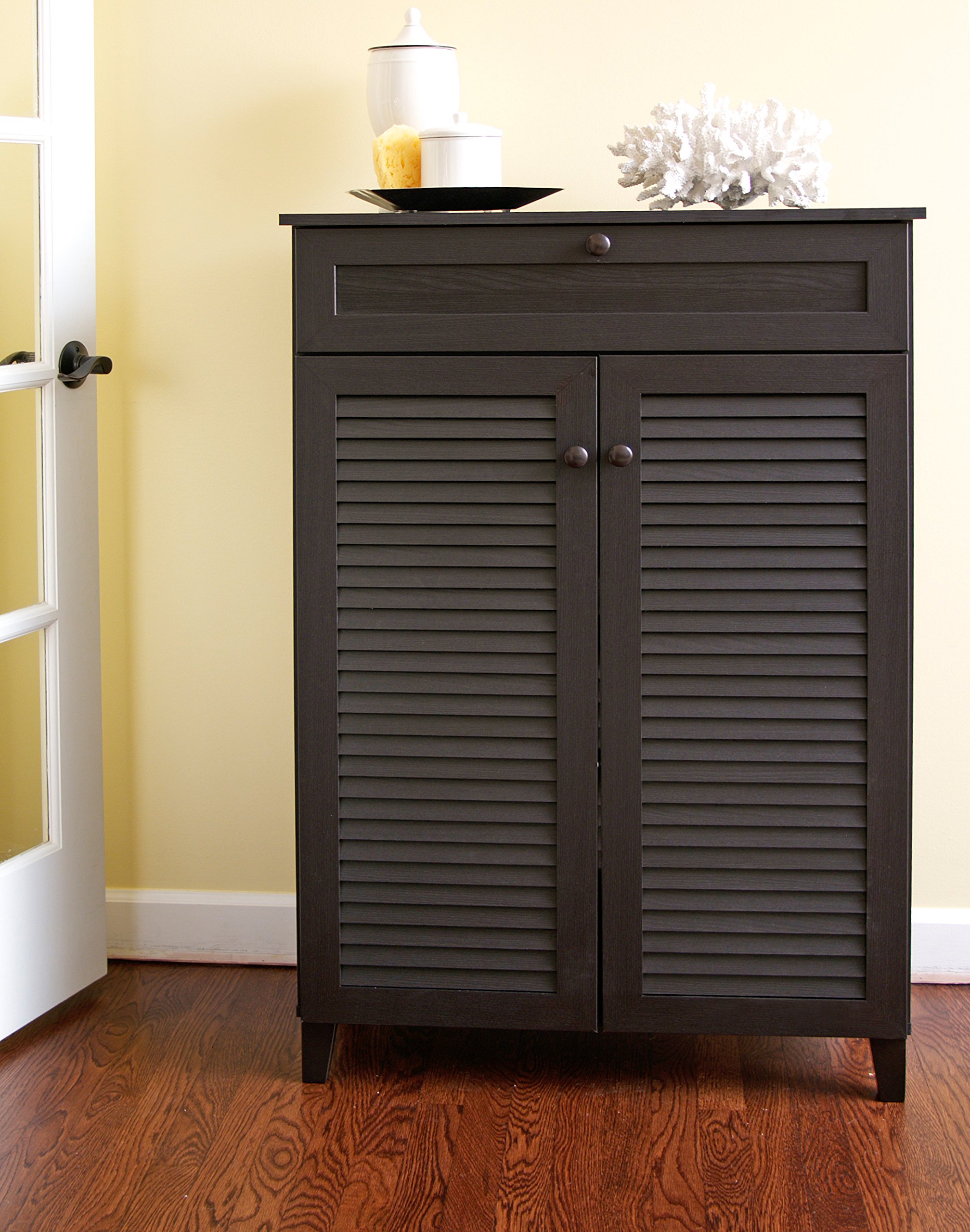 Baxton Studio Harding Shoe Storage Cabinet with 12 Compartments - Espresso Brown Wooden Organizer for Entryway, Closet & Bedroom - Modern Shoe Rack for Sneakers, Boots & Heels
