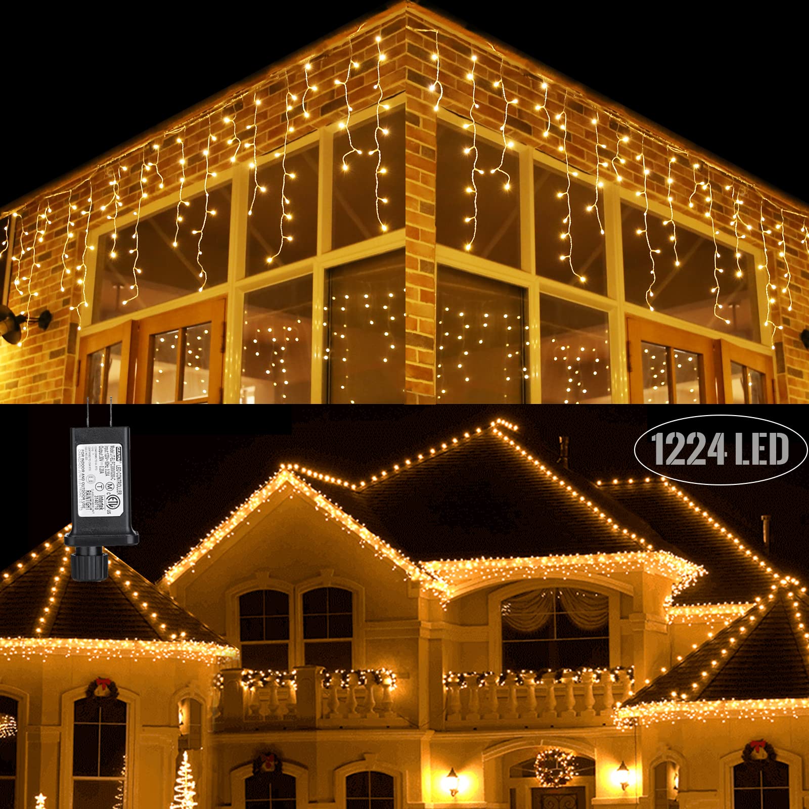 Toodour 100ft 1224 LED Icicle Christmas Lights - 8 Lighting Modes with 204 Drops, Warm White Window Curtain Fairy Lights for Indoor/Outdoor Holiday Decor | Perfect for Christmas Tree, Party, Wedding & Home Decoration