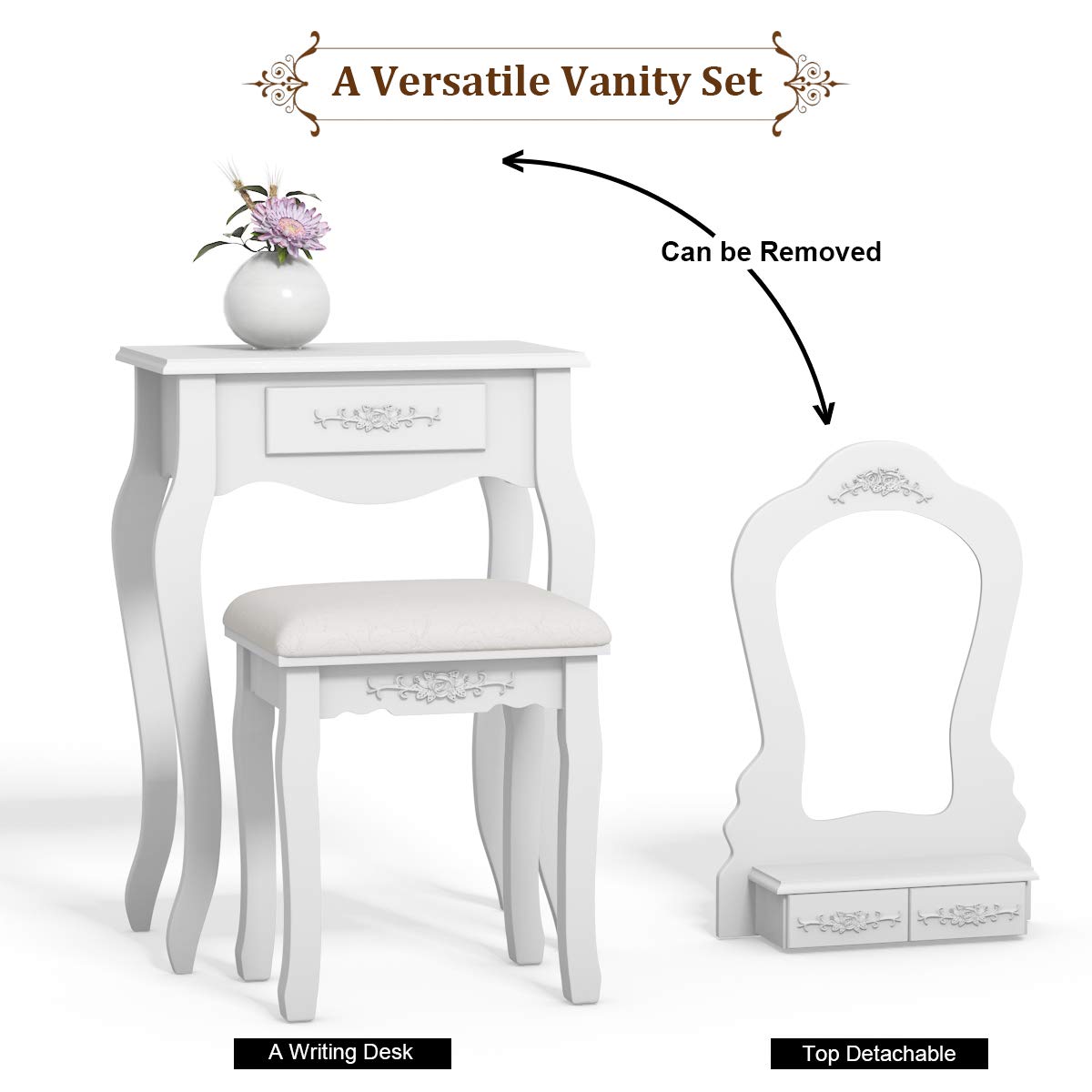 Modern White Vanity Table Set with 3 Drawers, Fan-Shaped Mirror & Cushioned Stool - Multifunctional Makeup Dressing Desk for Bedroom, Beauty Salon & Home Decor | Perfect for Daily Makeup, Skincare & Hair Styling