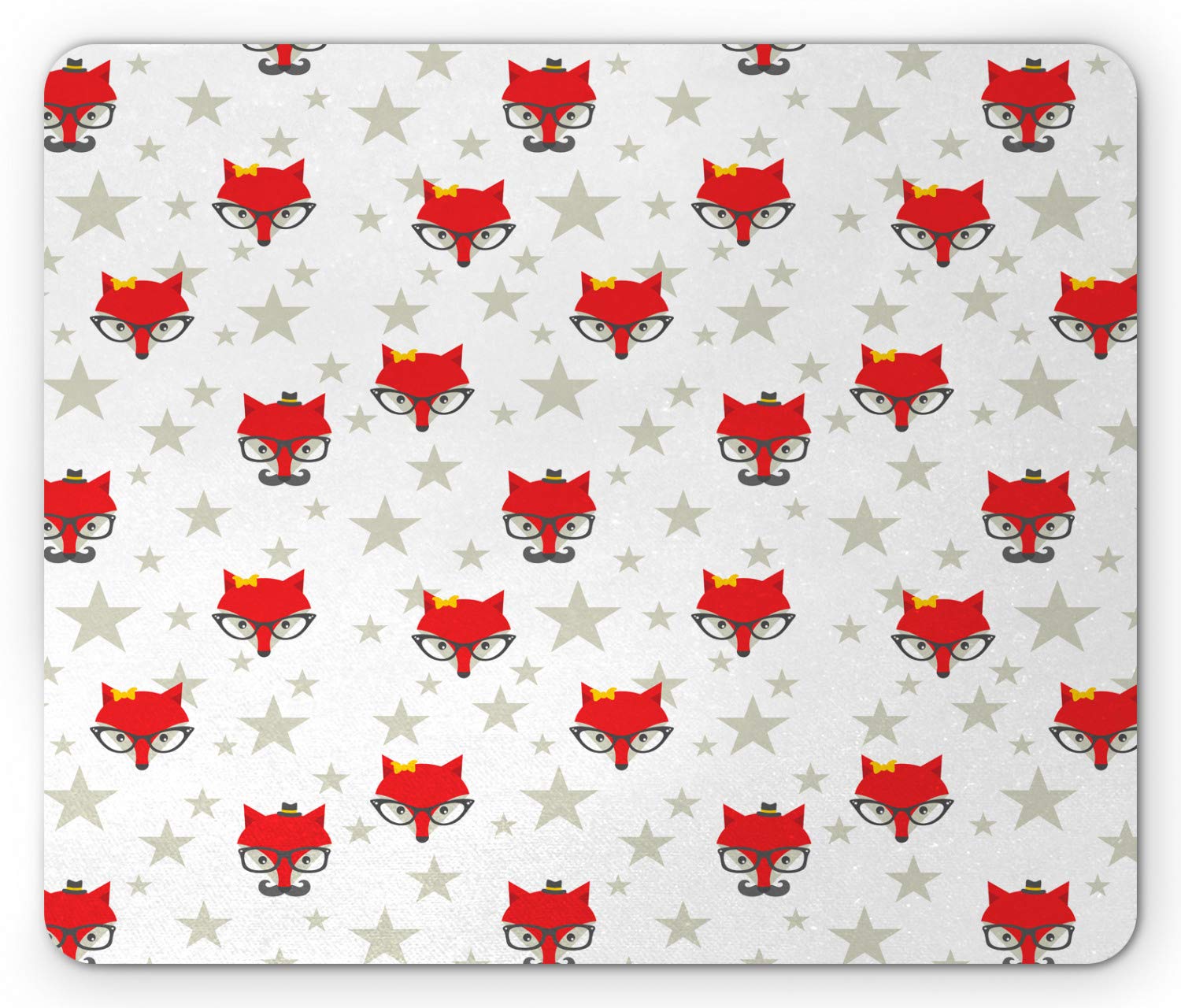 Ambesonne Cartoon Mouse Pad - Funny Hipster Foxes with Hats & Glasses on Stars Background, Non-Slip Rubber Gaming Mousepad (Standard Size, Coconut Scarlet/Grey) for Office, Home & Gaming Computers
