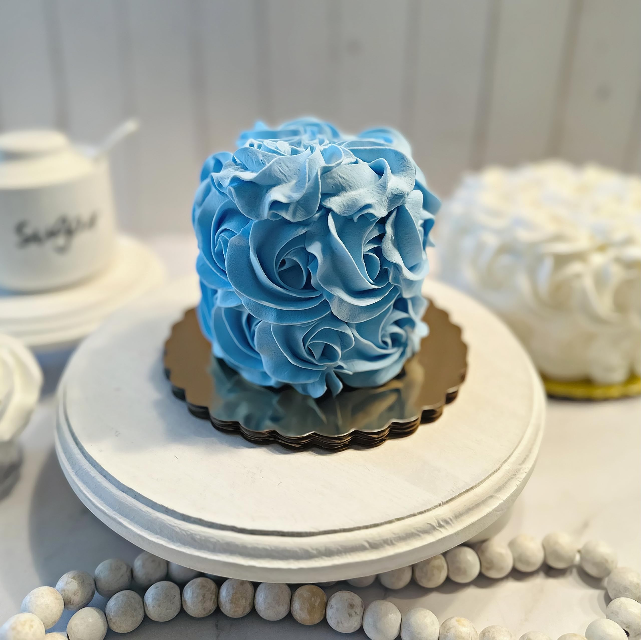Artificial Mini Blue Rosette Cake - Fake Cake Decor for Display, Home & Kitchen - Faux Dessert Display on Cake Plate | Perfect for Wedding Centerpieces, Party Decor & Bakery Showcase