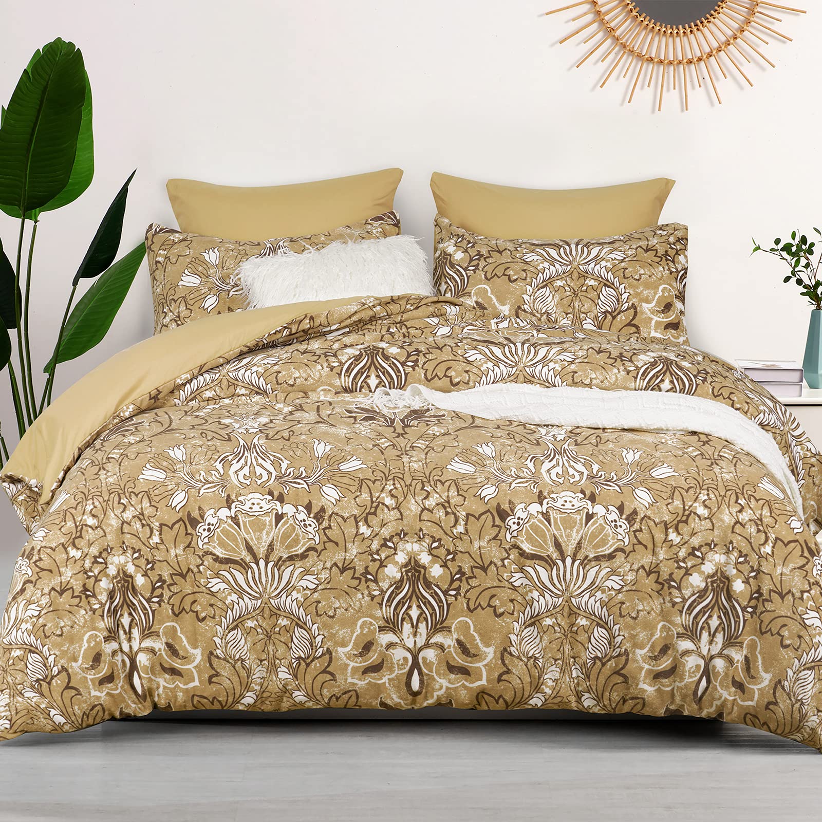 PHF Luxurious Velvet Printed Duvet Cover Set - Twin Size 2-Piece Floral Comforter Cover with Pillow Shams | Ultra Soft & Comfortable Bedding Collection in Ginger | Perfect for Master Bedrooms, Guest Rooms & Cozy Home Decor