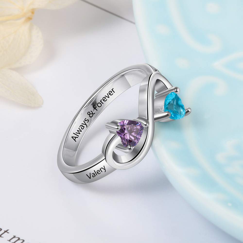 Personalized Infinity Mother's Ring with 2 Birthstones - Custom Engraved Name Promise Ring for Women, Mom & Wife - Perfect for Mother's Day Gifts, Anniversary & Special Occasions