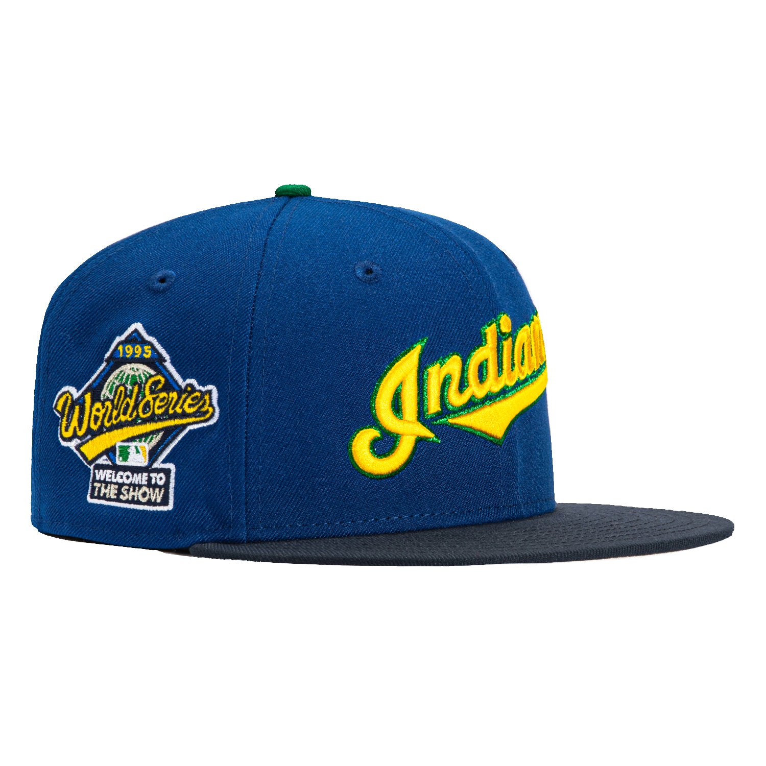 New Era 59Fifty Cleveland Indians 1995 World Series Patch Script Hat - Royal, Navy, Gold - Vintage Baseball Cap for MLB Fans & Sports Collectors - Perfect for Games, Gifting & Memorabilia Display