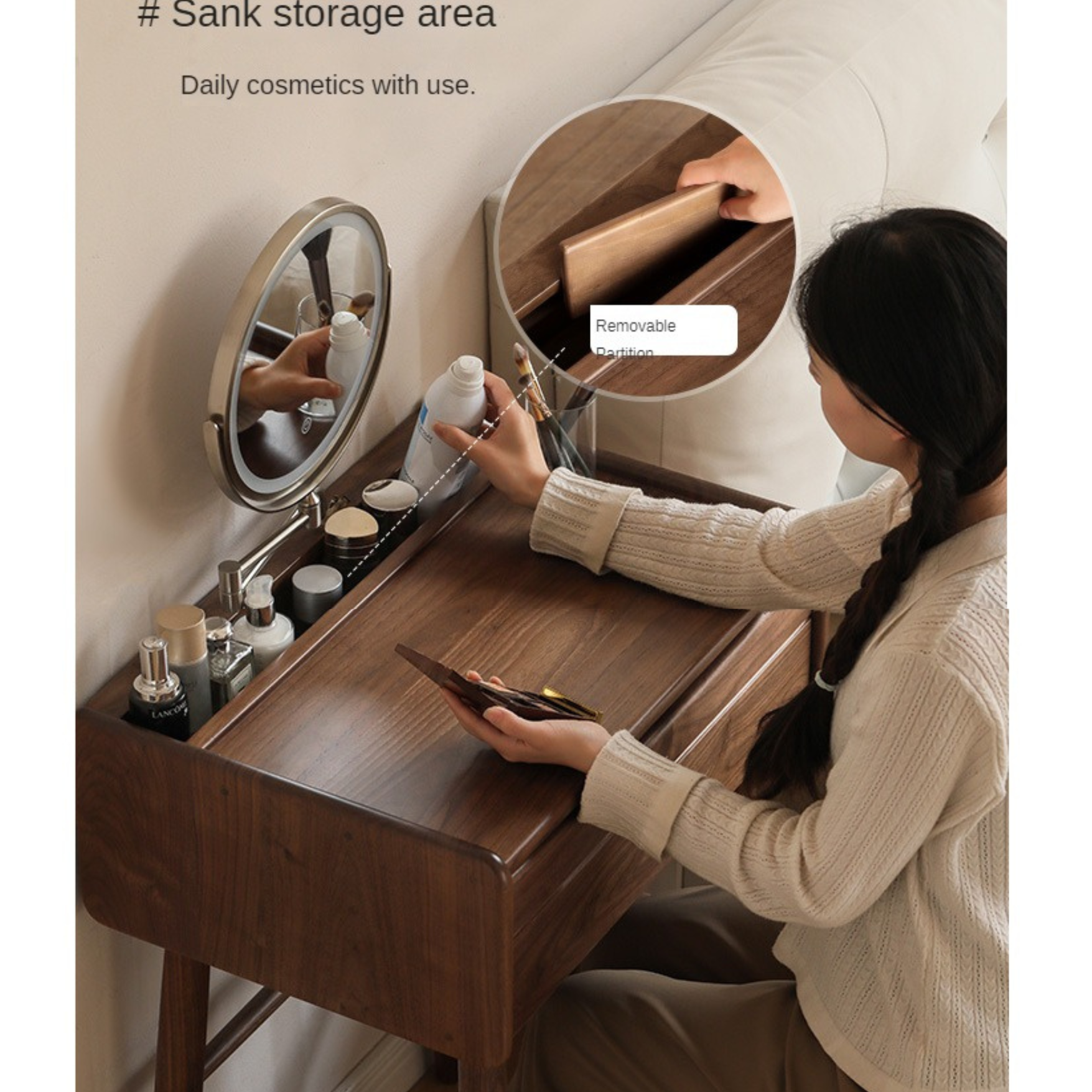 Premium Black Walnut Solid Wood Vanity Dresser with Mirror | Elegant Makeup Dressing Table for Bedroom & Bathroom | Natural Wooden Vanity Desk with Storage