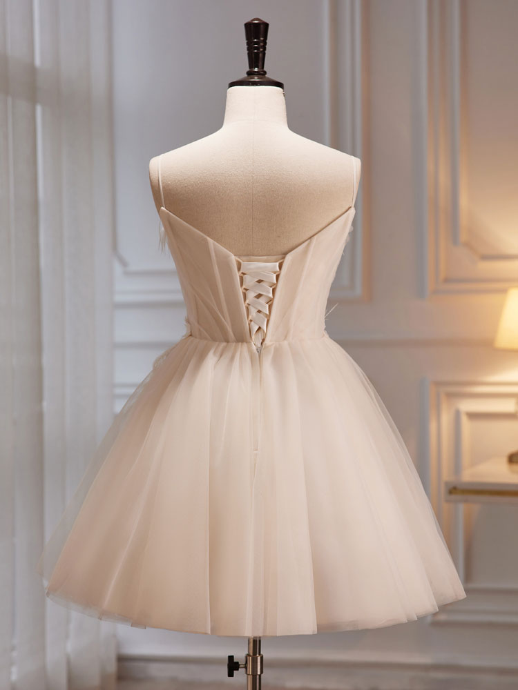 Elegant A-Line V-Neck Tulle Short Prom Dress in Light Champagne - Perfect for Homecoming, Cocktail Parties & Special Occasions