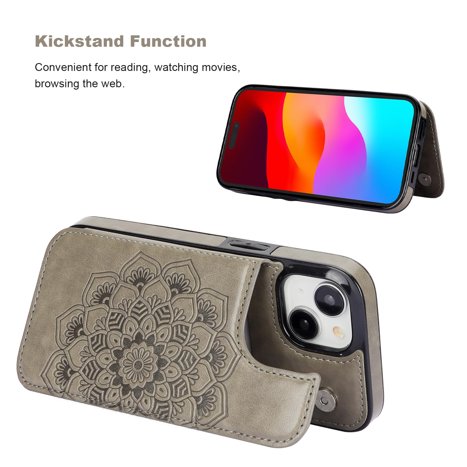 Vaburs iPhone 15 Case Wallet with Card Holder - Embossed Mandala Flower PU Leather Cover with Magnetic Car Mount | Shockproof Flip Case for 6.1