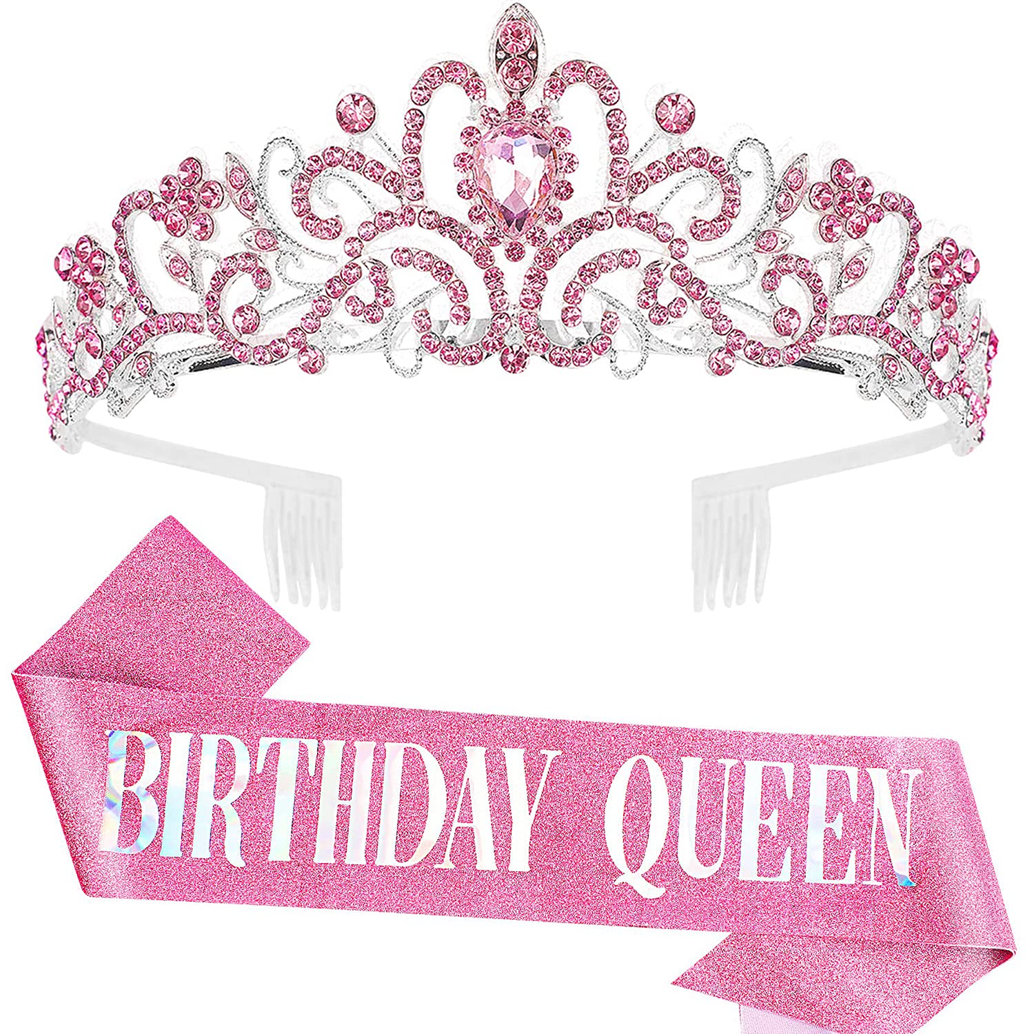 COCIDE Birthday Queen Sash & Crystal Tiara Set - Silver Crown for Women, Pink Sash for Girls, Rhinestone Headband Hair Accessories, Glitter Party Decorations Kit - Perfect for Birthday Parties, Bachelorette Events & Pageant Celebrations