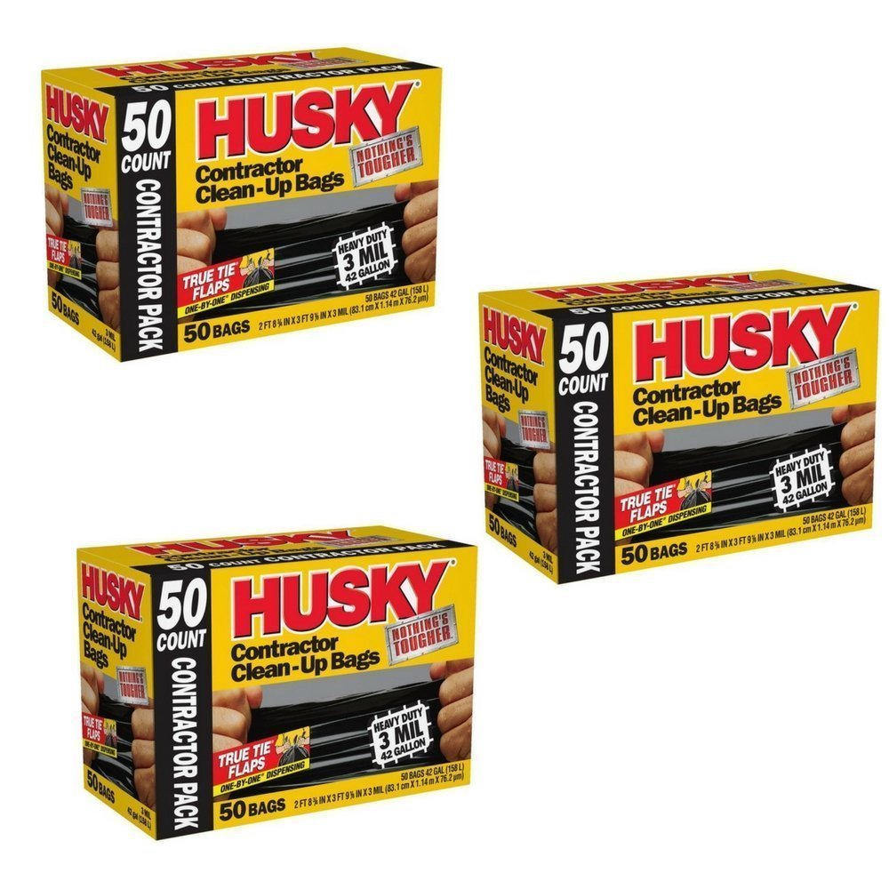 Heavy Duty Husky 42-Gallon Contractor Clean-Up Trash Bags, 50 Count (3-Pack Box) - Perfect for Construction Sites, Home Renovation & Yard Waste Disposal