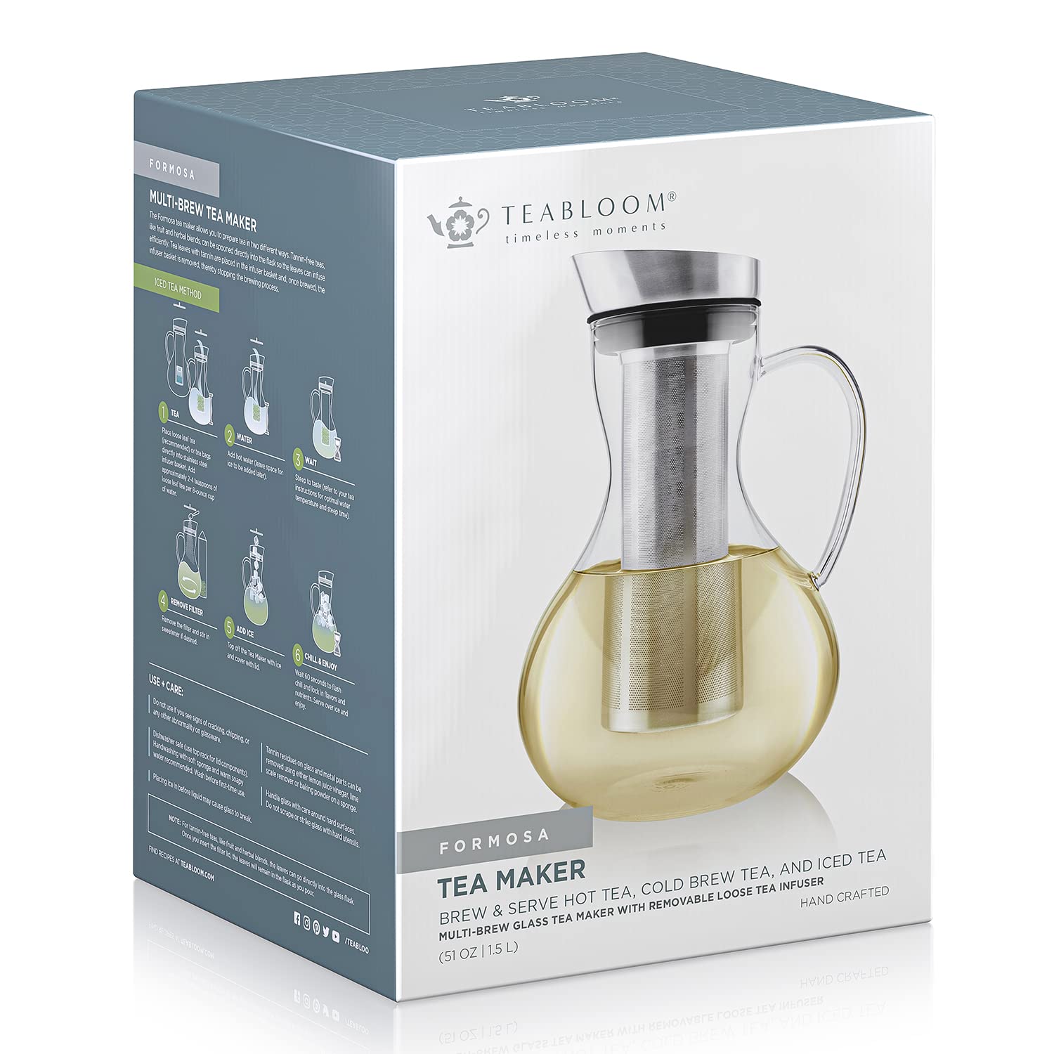 Teabloom Multi-Brew Glass Teapot with Kettle & Pitcher - 51 oz (1.5L) 6-Cup Capacity for Hot Tea, Iced Tea, Cold Brew & Fruit Infused Water - Perfect for Home, Office & Tea Parties - Premium Formosa Tea Maker Set