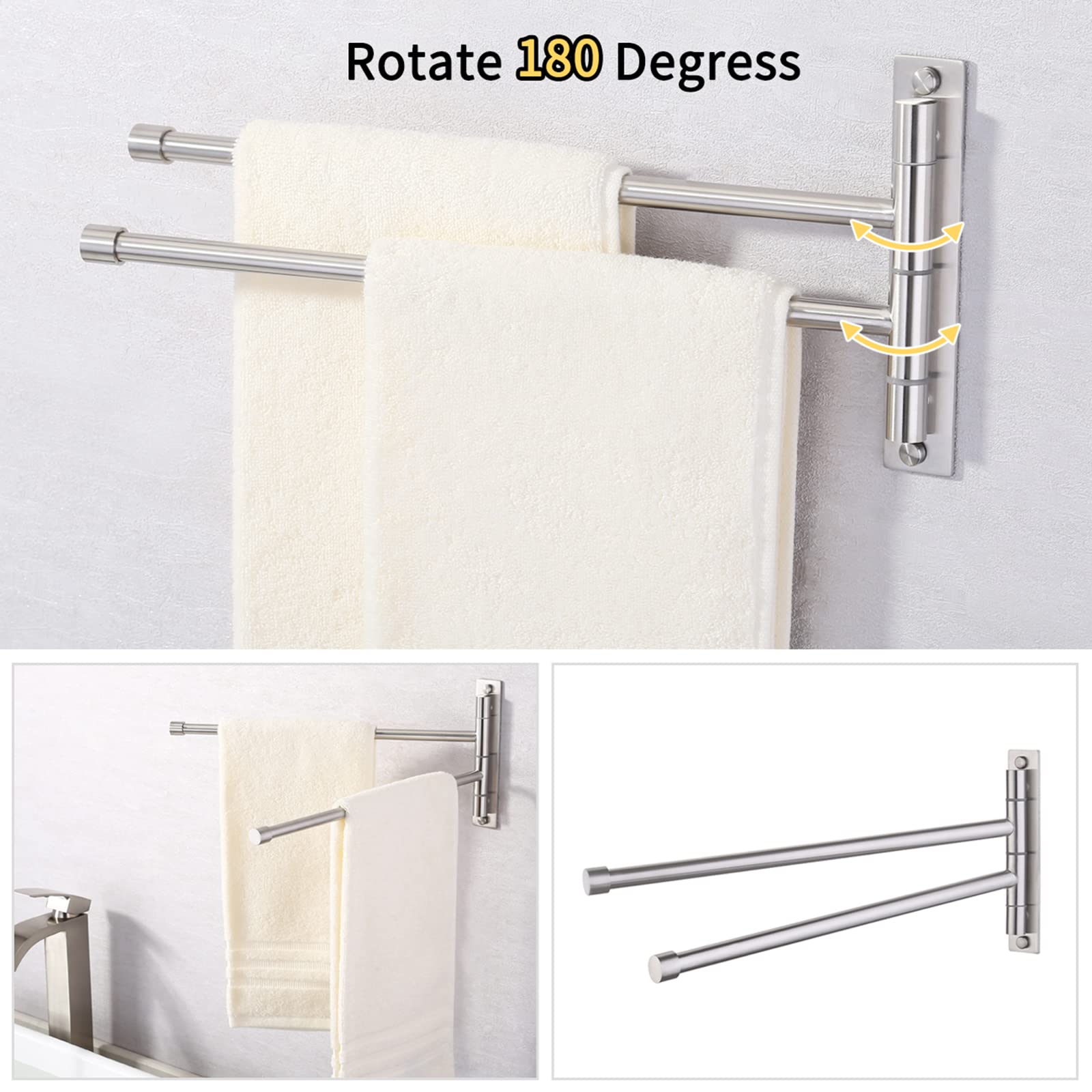 13.8 Inch Swing Mount Towel Bar - 2-Arm Stainless Steel Wall Towel Holder with Brushed Finish (A2102S2-2) | Durable SUS304 for Bathroom, Kitchen & Spa Decor