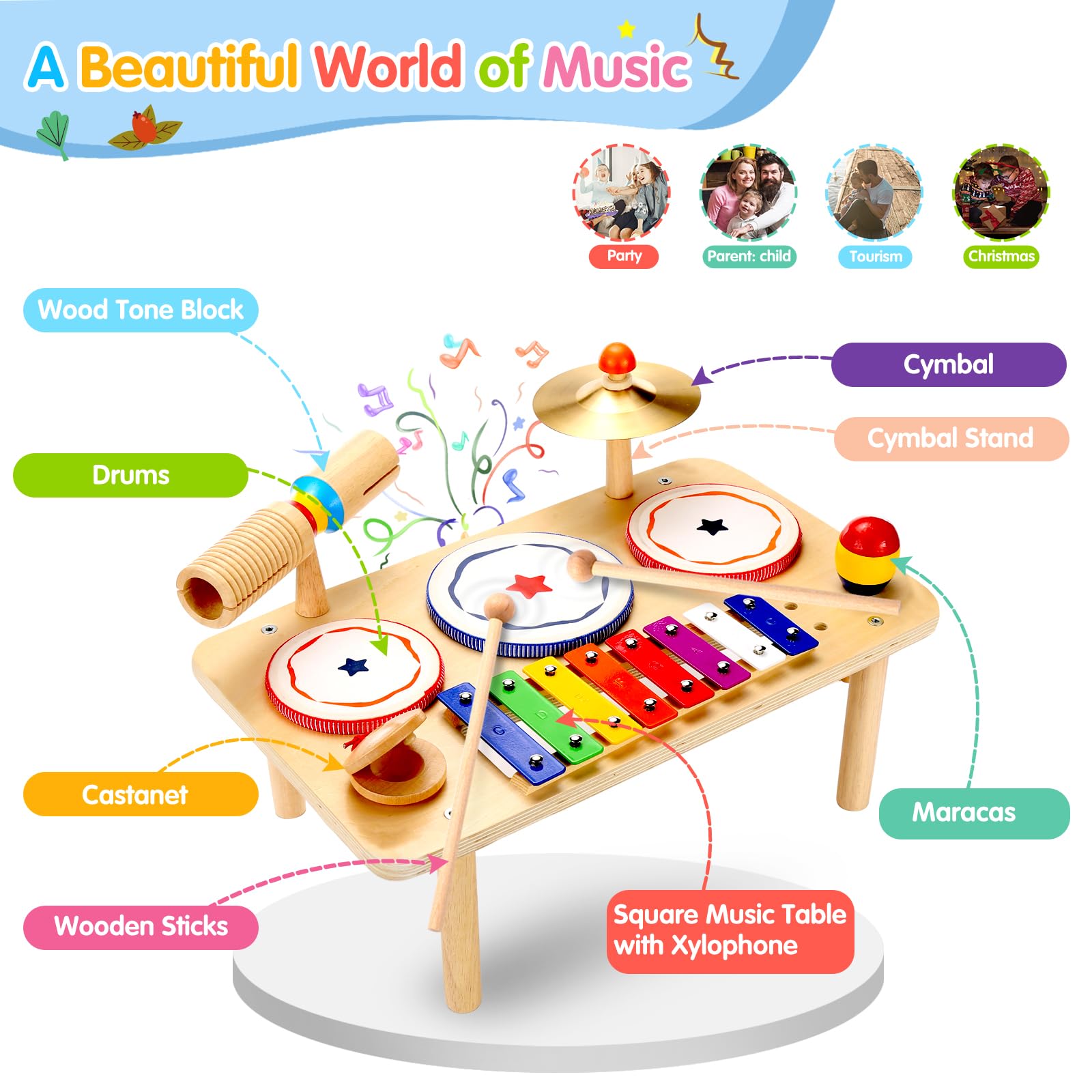 9-in-1 Wooden Kids Drum Set & Xylophone - Musical Instruments Toy for Toddlers & Babies | Percussion Learning Toy for Boys & Girls | Perfect Birthday Gift for Children | Ideal for Playtime, Early Education & Music Development