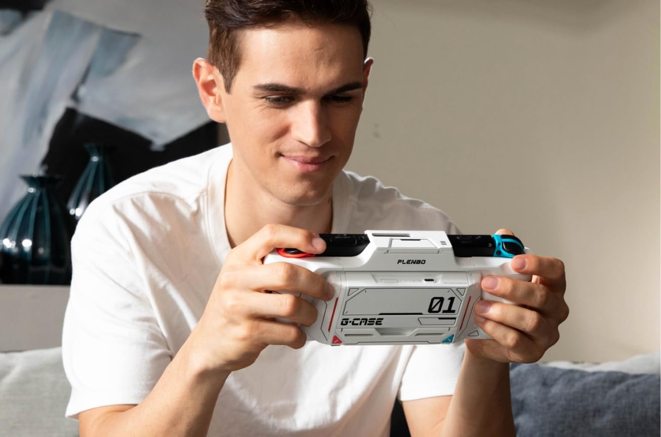 Plenbo G-Case Protective Switch Grip Case for Nintendo Switch OLED - BT5.0 Version with All-in-One Battery Charger, Modular Battery, Detachable Grips & 2 Card Slots - White | Perfect for Gaming On-The-Go, Travel & Long Play Sessions