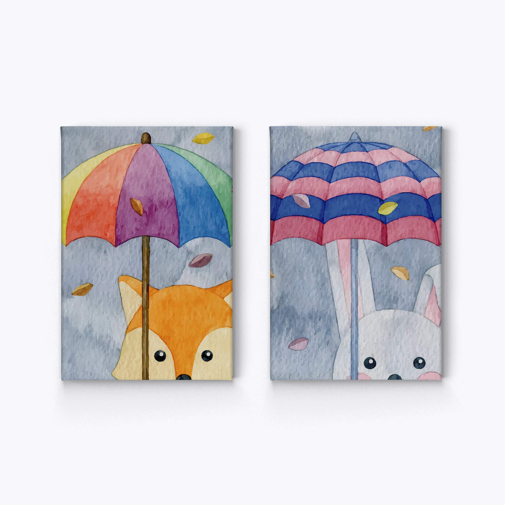 2-Piece Cute Fox & Rabbit Umbrella Painting Canvas Print Set - Autumn Gray Background - Kids Room Wall Art Decor for Baby Boy & Girl - Ready to Hang - Made in USA (22x15 inches) - Perfect for Nursery, Bedroom, Playroom & Gift Giving