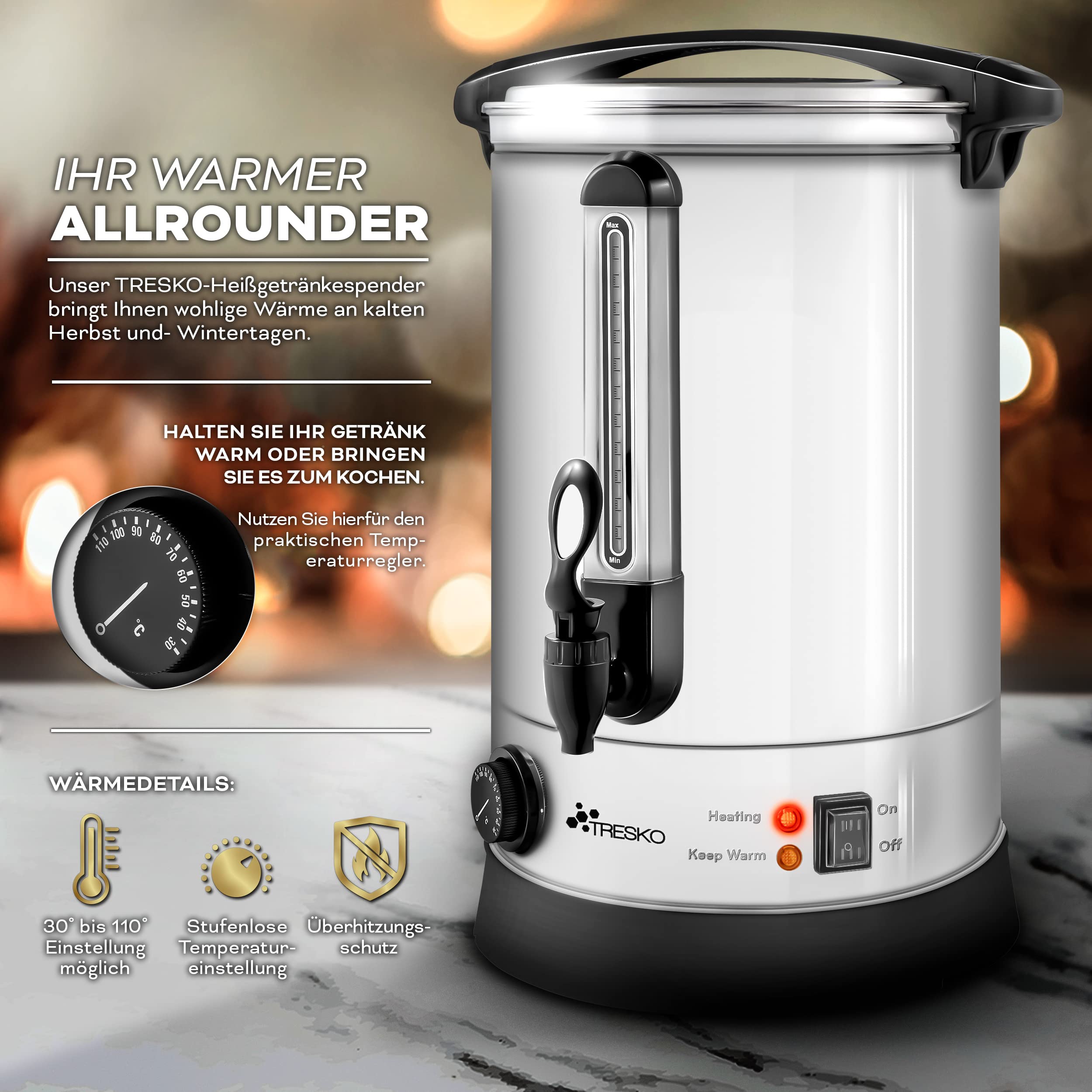 TRESKO® 10L 1500W Stainless Steel Automatic Mulled Wine Kettle - Hot Beverage Dispenser & Hot Water Distributor for Home, Restaurant & Party Use
