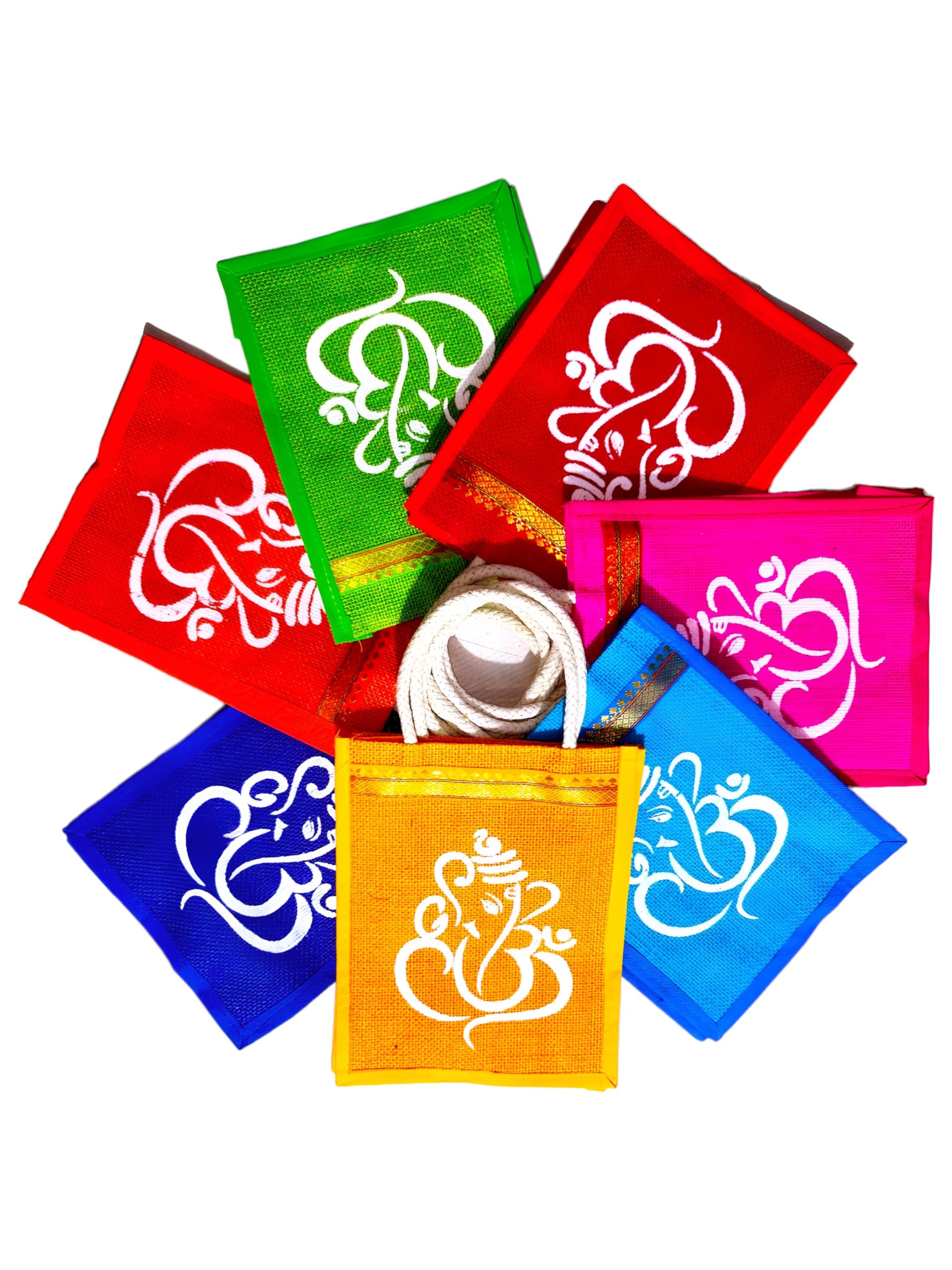 Anumala® Eco-Friendly Jute and Canvas Bags with Contrast Prints - Multicolor Zipper Pouches for Gifts, Events & Daily Use | Small Ganesh Kolam Art Bags (Pack of 10) | Perfect for Party Favors, Wedding Souvenirs & Shopping Bags