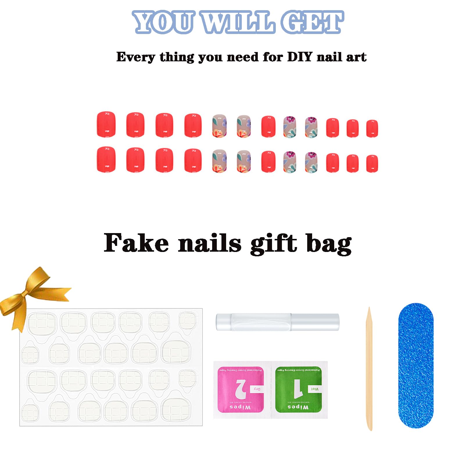 24Pcs Short Square Press on Nails - Red Glossy Fake Nails with Cute Flower Designs, Acrylic Artificial Stick on Nails for Women & Girls | Perfect for Parties, Weddings & Daily Wear
