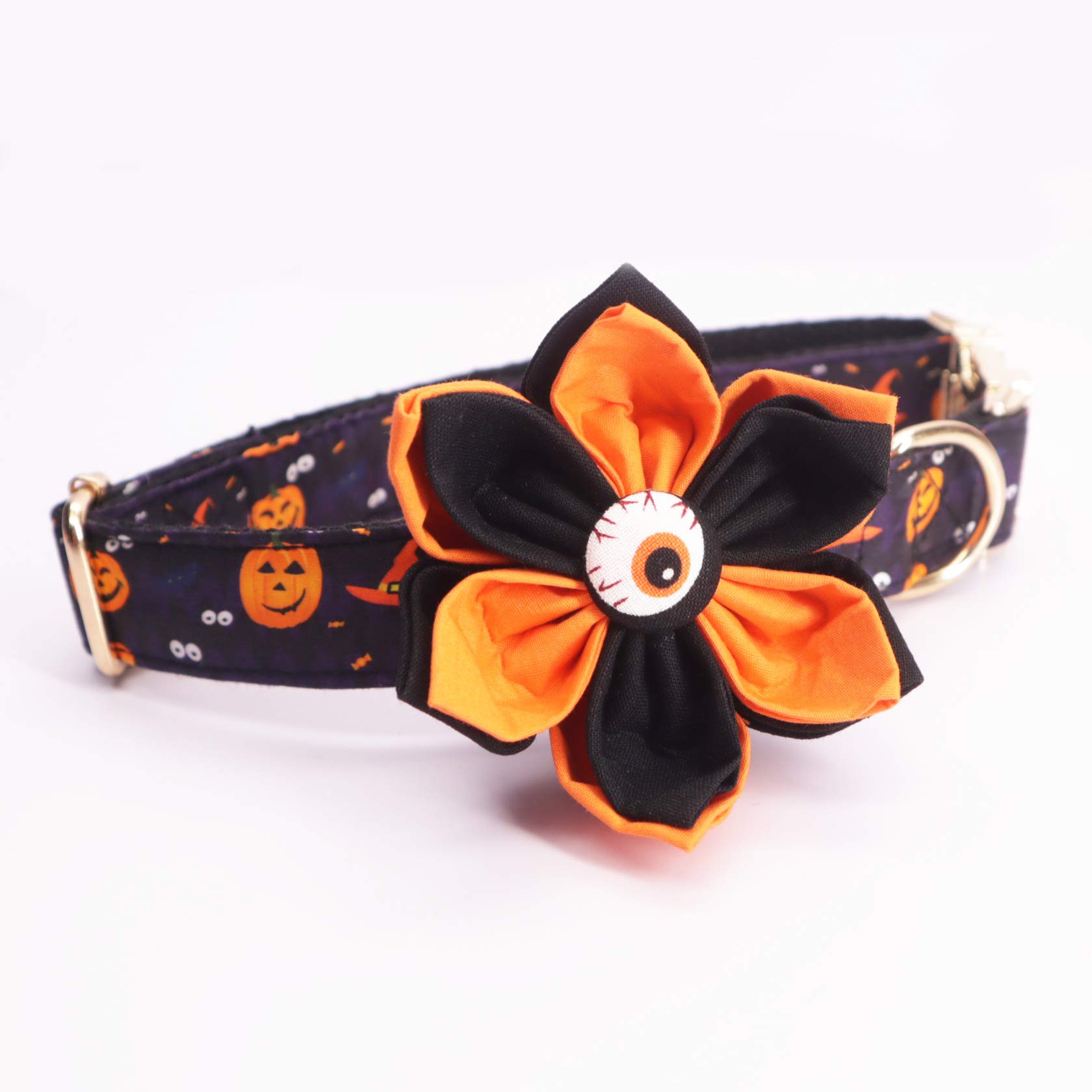 Halloween Dog Collar with Ghost & Flower Design - Orange Pet Collar for Small Medium Large Dogs - Perfect for Halloween Parties, Pet Costumes & Photo Shoots